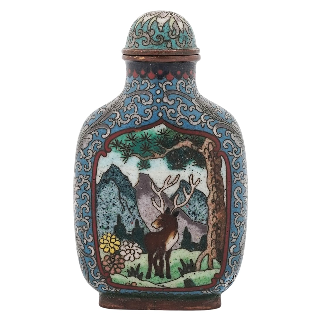 Chinese Jing Tai Lan Cloisonne Enamel Deer Snuff Bottle: Chinese Jing Tai Lan Cloisonne Enamel Deer Snuff Bottle19th Century, China.Antique 19th century Chinese Jing Tai Lan blue cloisonne enamel deer snuff bottle. A Chinese cloisonne enamel snuff bottle de