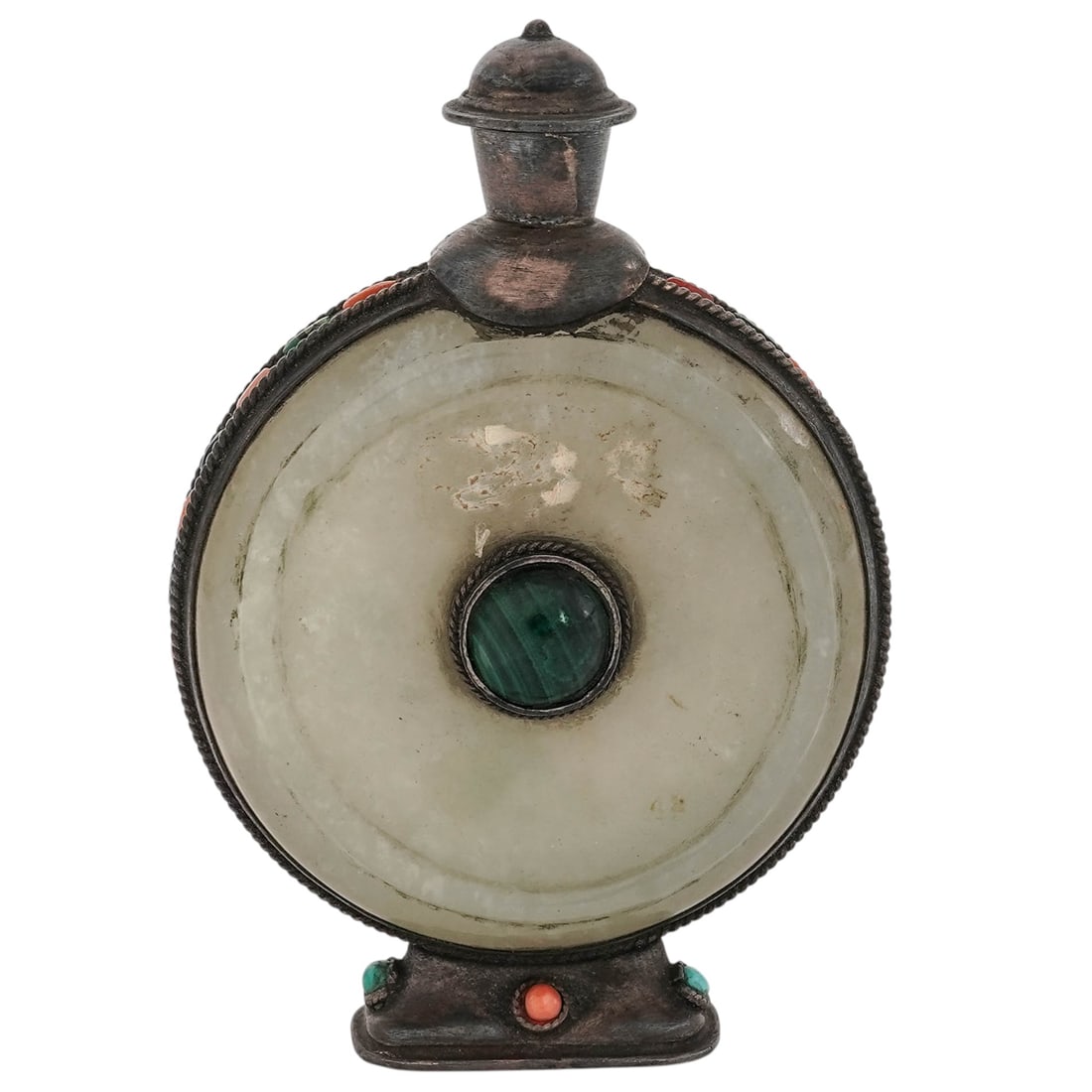 Antique Chinese Silver, Jade, Coral & Malachite Snuff Bottle: Antique Chinese Silver, Jade, Coral & Malachite Snuff Bottle19th Century, ChinaAntique 19th century Chinese snuff bottle with spherical shape, silver frame and stopper. With applied malachite, coral a