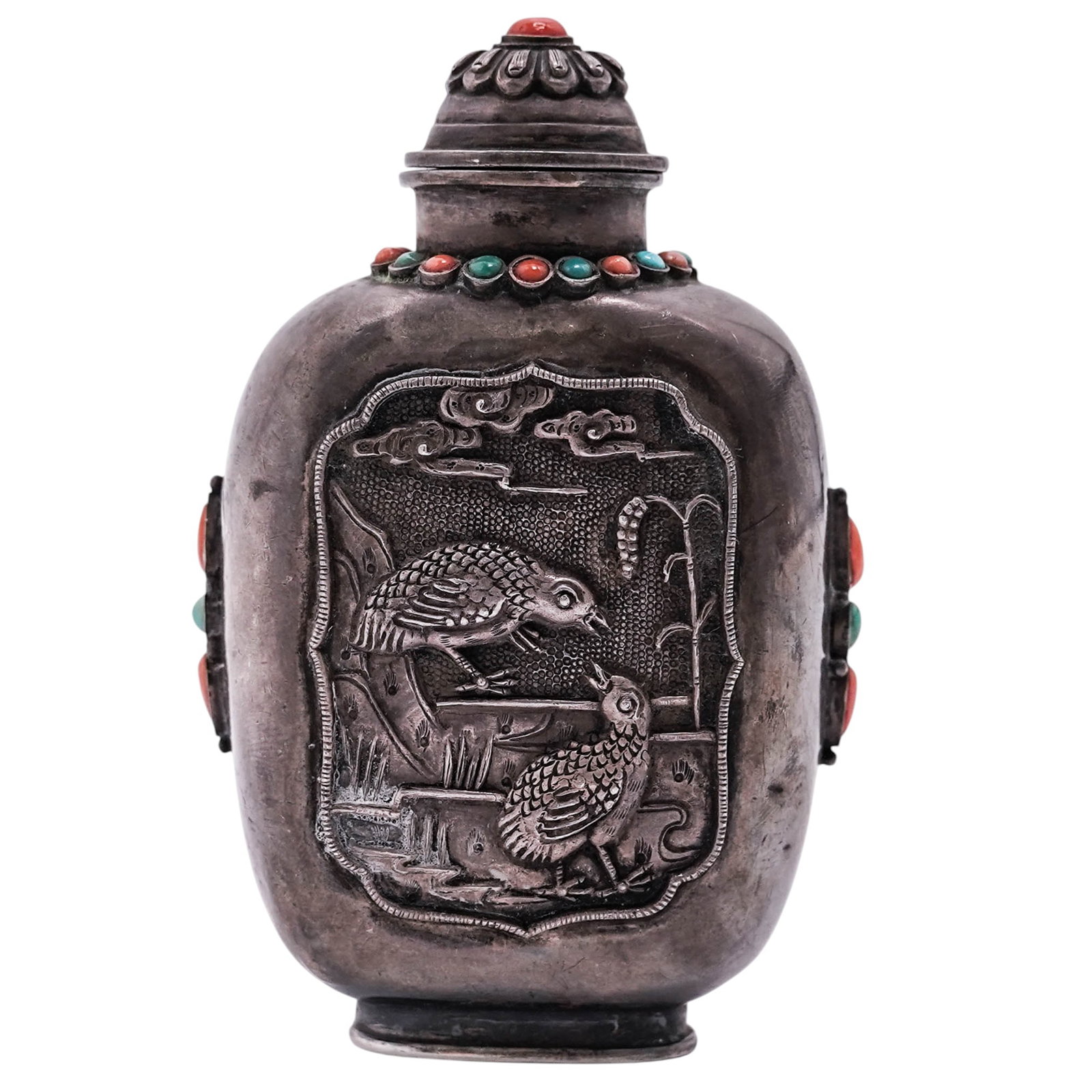 Tibetan 19th Cent. Silver, Coral & Turquoise Bird Snuff Bottle: Tibetan 19th Cent. Silver, Coral & Turquoise Bird Snuff Bottle19th Century, China.A 19th Century Tibetan Silver, Coral & Turquoise Bird Snuff Bottle. Decorated with repousse motifs, depicting birds sc