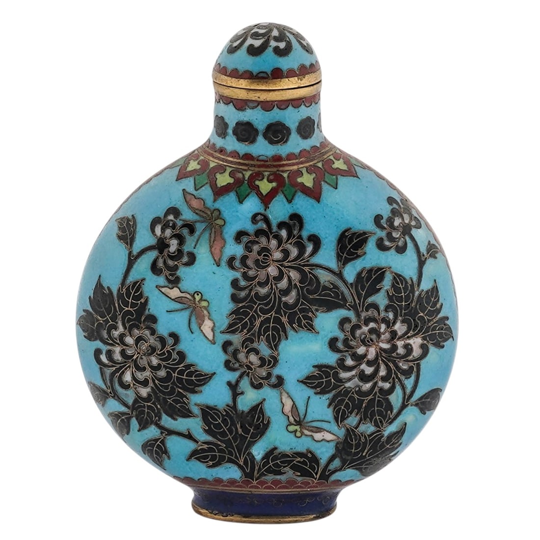 19th Cent. Chinese Cloisonne Chrysanthemum Snuff Bottle: 19th Cent. Chinese Cloisonne Chrysanthemum Snuff Bottle19th Century. China.Antique 19th Cent. Chinese cloisonne snuff bottle decorated with black chrysanthemum flowers and butterflies on a turquoise g