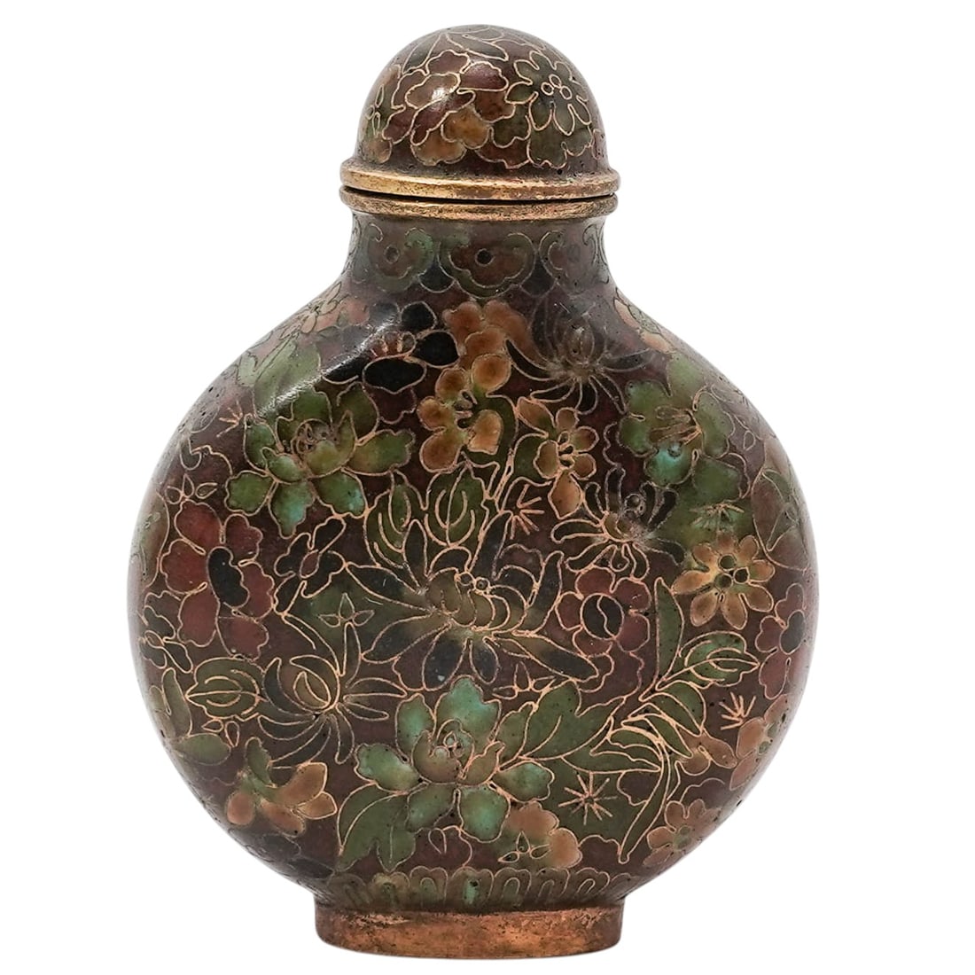 Signed Chinese Chrysanthemum Cloisonne Snuff Bottle: Signed Chinese Chrysanthemum Cloisonne Snuff BottleEarly 20th century, ChineseA signed Chinese cloisonne snuff bottle featuring an all-over enameled chrysanthemum pattern. Intact stopper.H 2.5" x L 1.