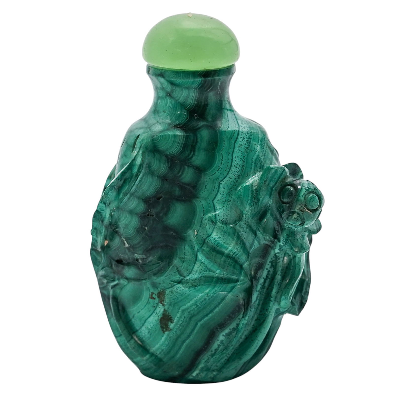 Chinese Carved Malachite Floral Snuff Bottle: Chinese Carved Malachite Floral Snuff Bottle20th Century, China.Chinese carved malachite snuff bottle depicting floral motifs in semi relief.H: 2 3/4".