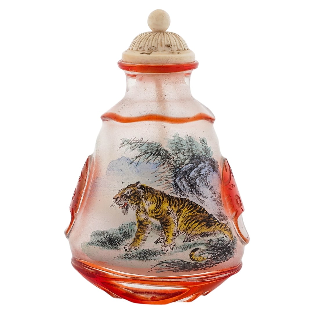 Chinese Reverse Painted Glass Tiger Snuff Bottle: Chinese Reverse Painted Glass Tiger Snuff Bottle20th Century, China.Chinese reverse painted glass snuff bottle depicting a tiger motif. Includes stopper.H: 2 5/8" W: 1 3/4"