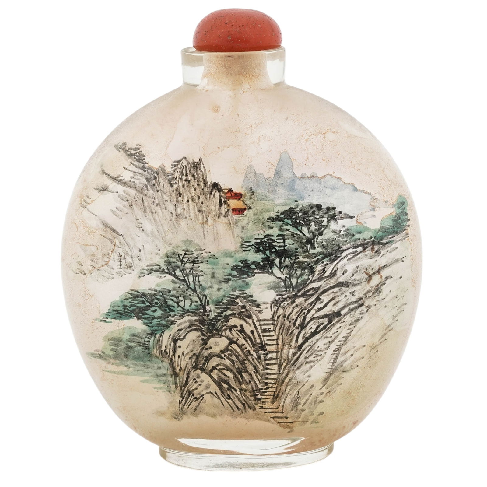 Large Chinese Reverse Painted Glass Snuff Bottle: Large Chinese Reverse Painted Glass Snuff Bottle20th Century, China.Chinese reverse painted large glass snuff bottle depicting a mountain landscape motif, and a floral motif. Includes a snuff bottle s