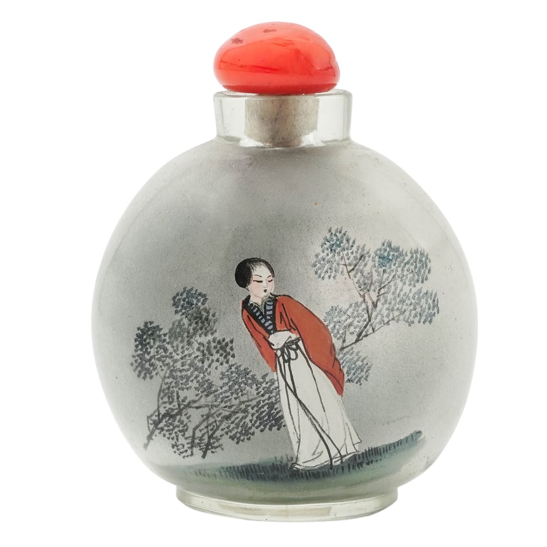 Chinese Reverse Painted Koi Fish Snuff Bottle: Chinese Reverse Painted Koi Fish Snuff Bottle20th century, ChineseAntique Chinese frosted glass snuff bottle reverse-painted with an image of koi fish on side, and woman walking outside on the other s