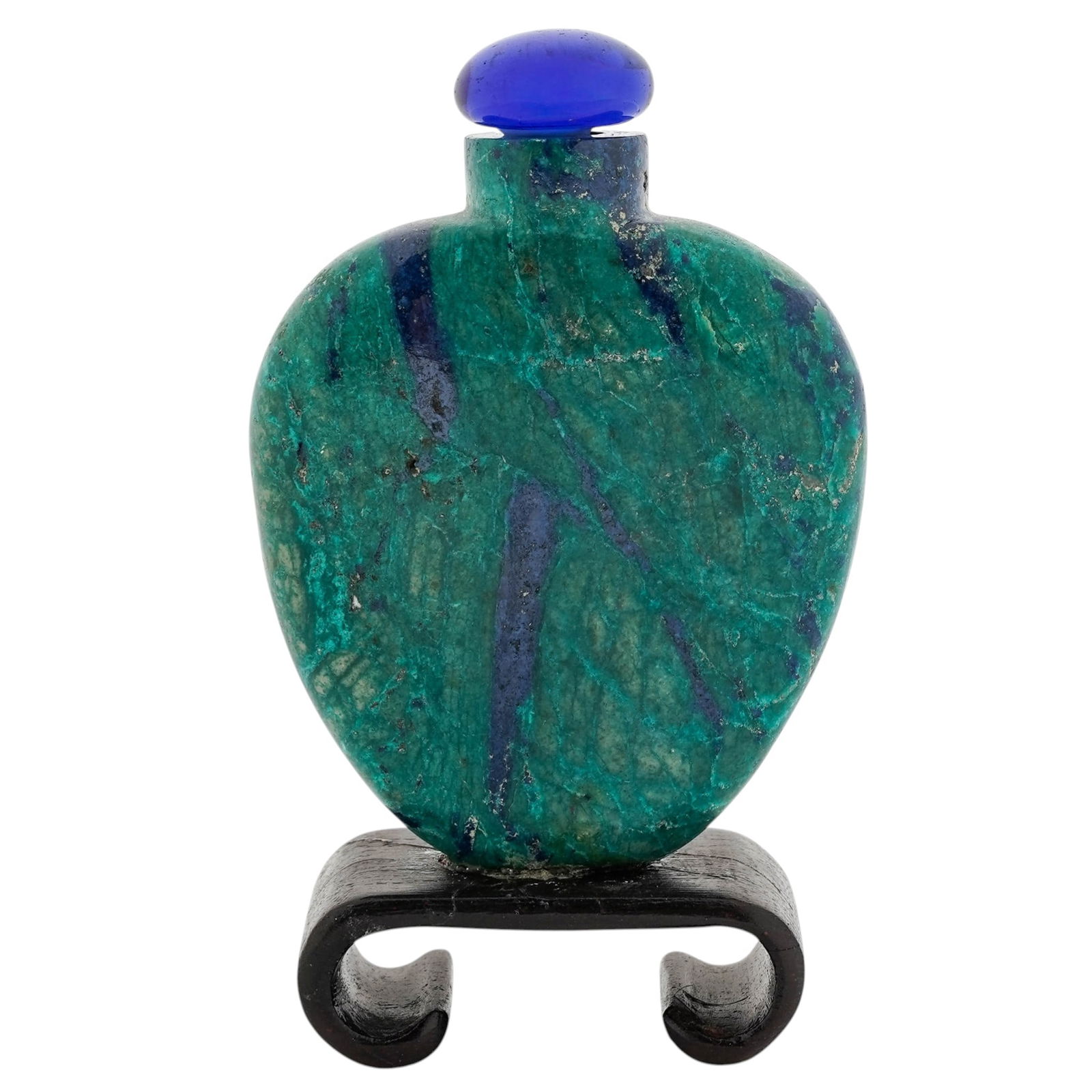 Chinese Carved Azurite Snuff Bottle: Chinese Carved Azurite Snuff Bottle20th Century, China.Chinese carved azurite and malachite snuff bottle on wooden pedestal base.H: 3 5/8".
