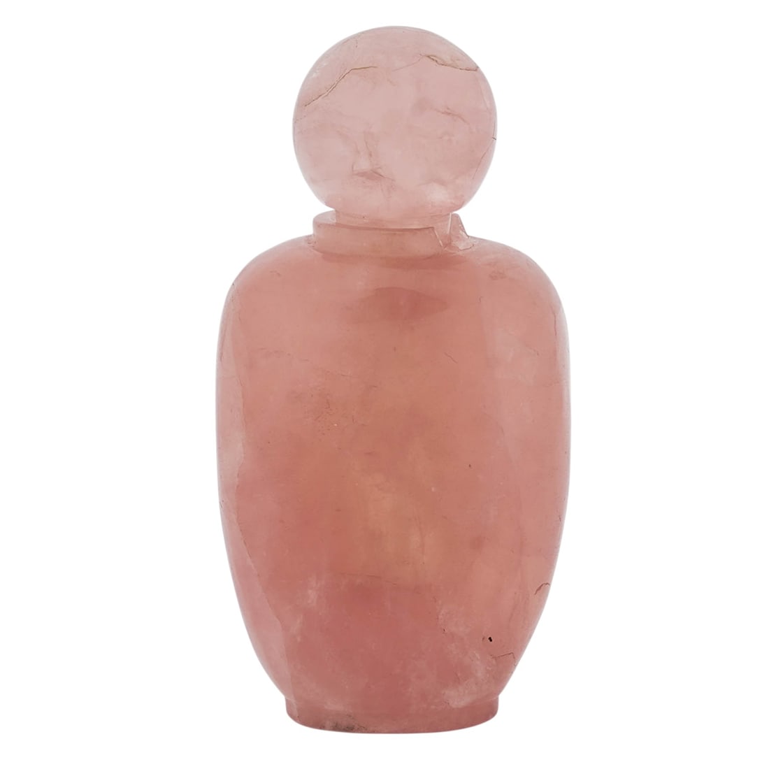 Chinese Carved Rose Quartz Snuff Bottle: Chinese Carved Rose Quartz Snuff Bottle20th Century, China.Chinese carved rose quartz snuff bottle with matching carved rose quartz snuff bottle stopper.H: 3 5/8"