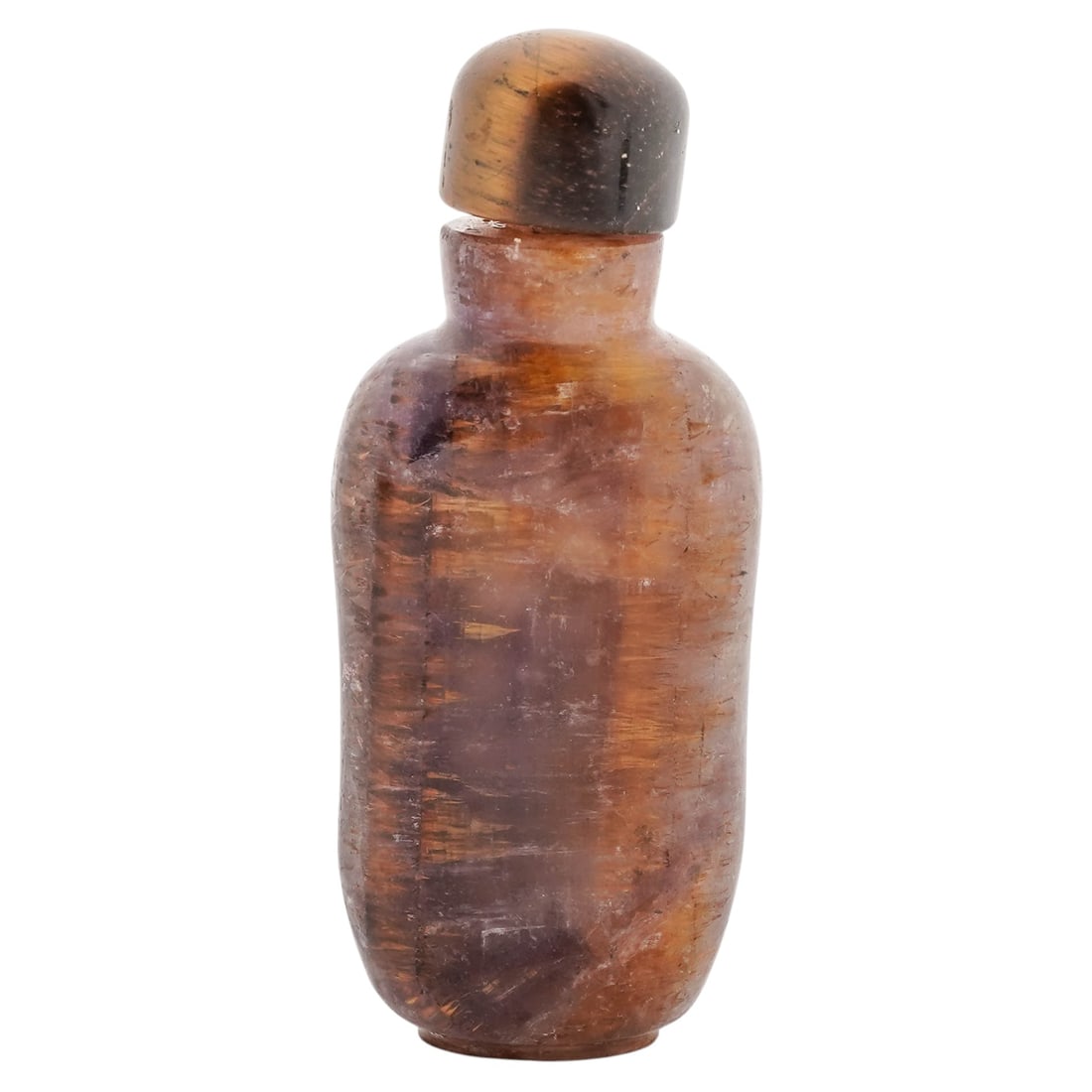 Chinese Carved Tigers Eye Snuff Bottle: Chinese Carved Tigers Eye Snuff Bottle20th Century, China.Chinese carved tiger's eye snuff bottle with matching stopper.H: 3"