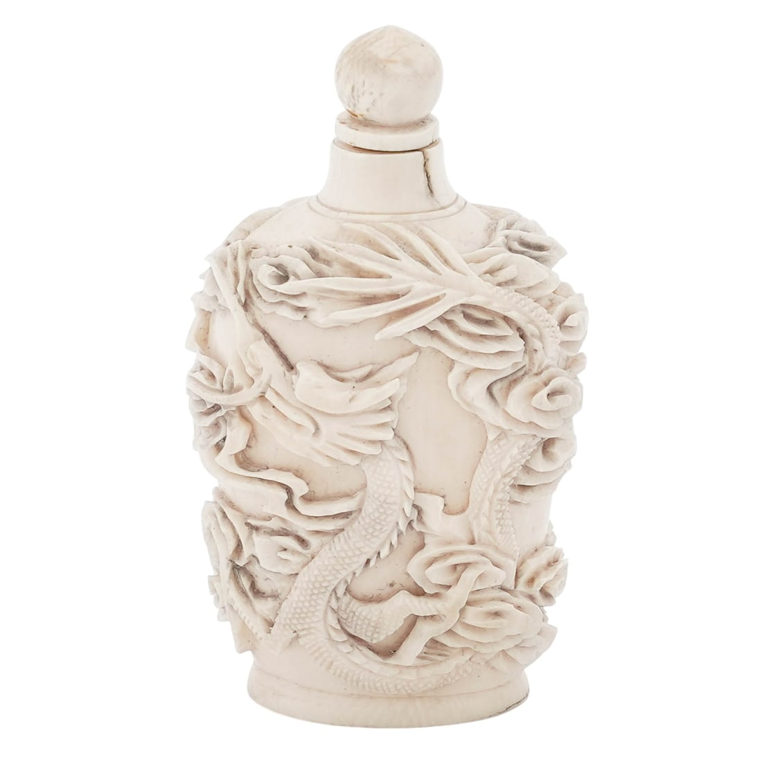 Chinese Carved Bone Xiangyun Clouds & Dragon Snuff Bottle: Chinese Carved Bone Xiangyun Clouds & Dragon Snuff Bottle20th Century, China.Chinese carved bone snuff bottle decorated with intricate carvings featuring Xiangyun traditional stylized clouds and a dra
