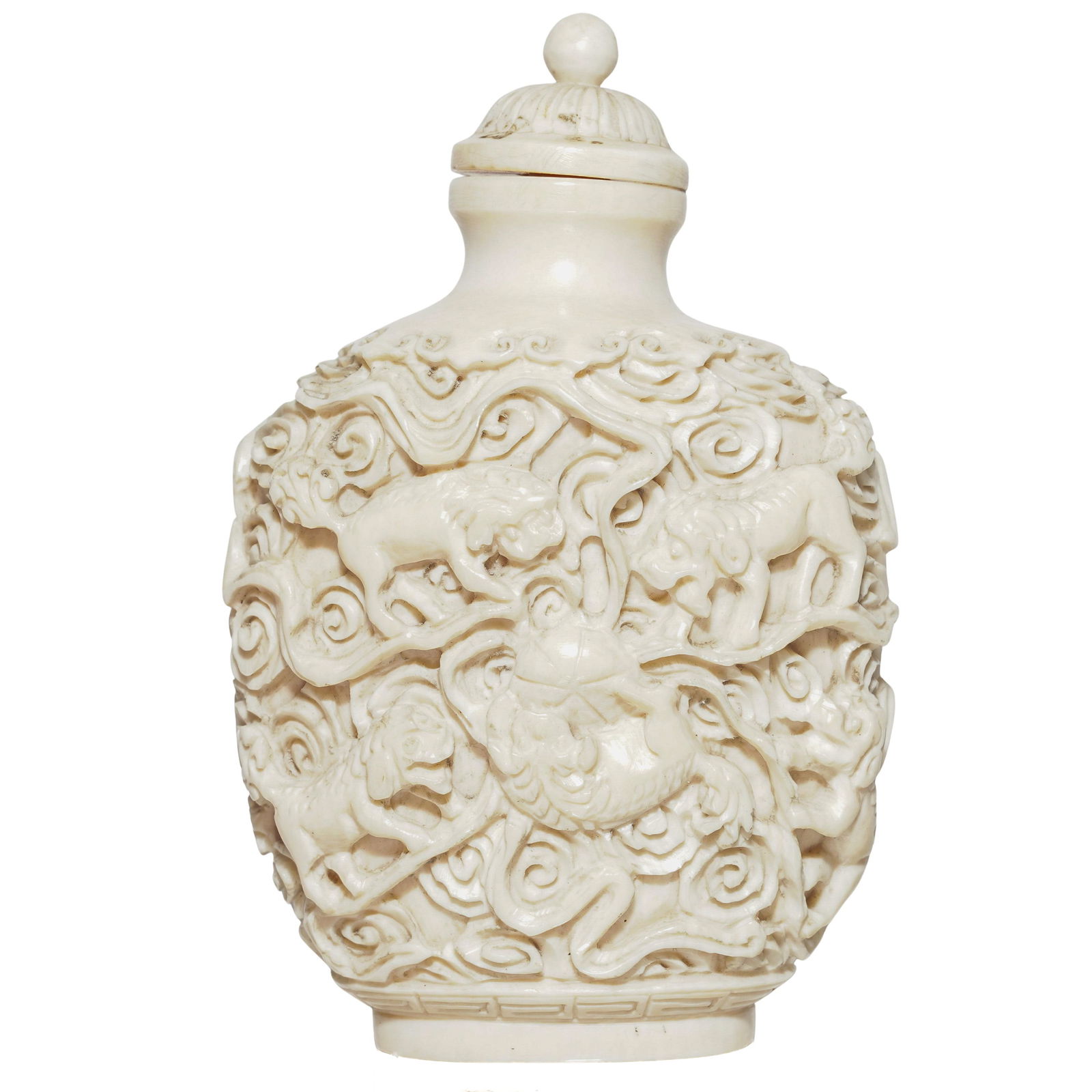 Chinese Carved Bone Foo Lion Snuff Bottle: Chinese Carved Bone Foo Lion Snuff Bottle20th Century, China.Chinese carved bone snuff bottle decorated with intricate carvings featuring intertwined guardian foo lion figure motifs.H: 2 7/8".