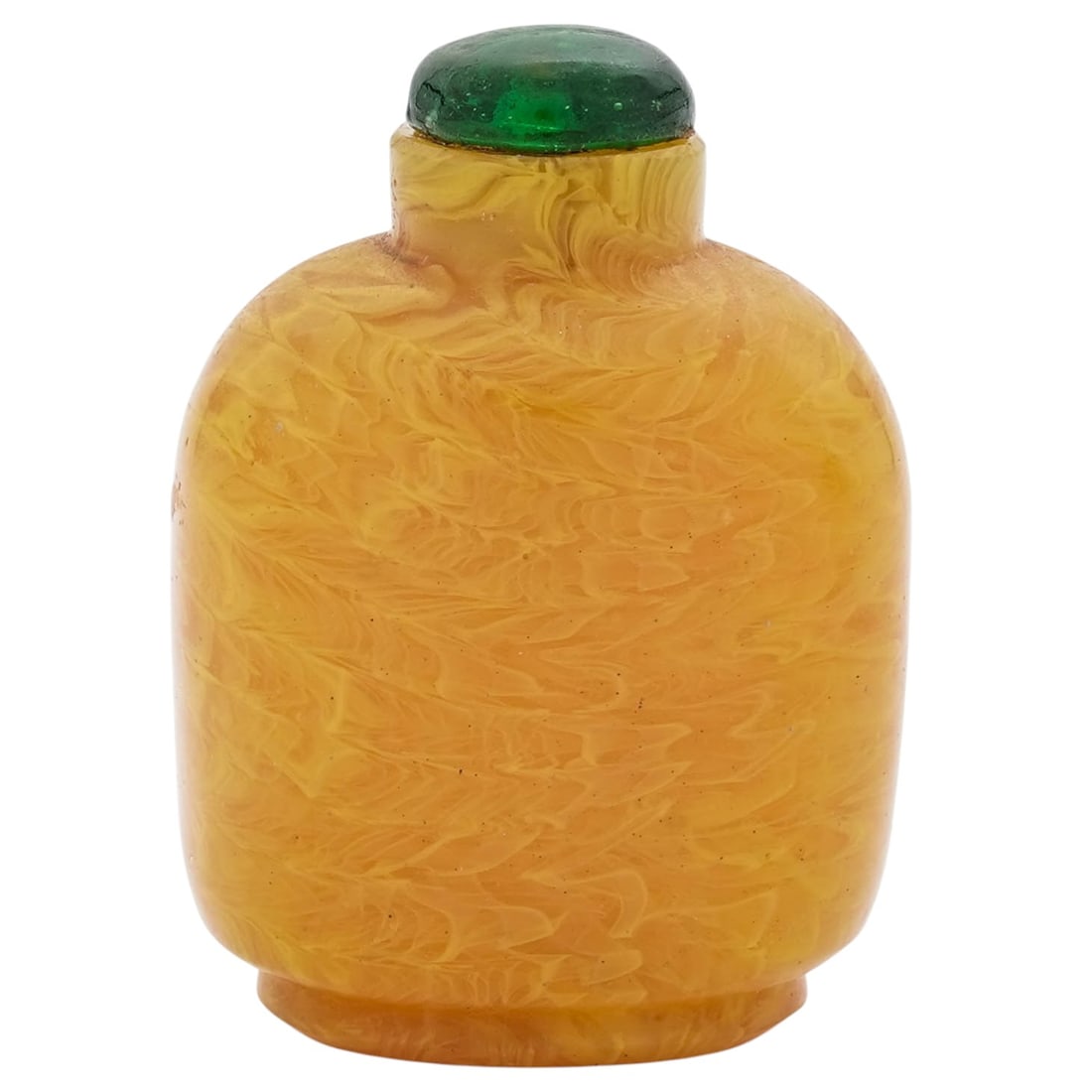 Chinese Peking Glass Yellow Hued Snuff Bottle: Chinese Peking Glass Yellow Hued Snuff Bottle20th Century, China.Chinese Peking glass yellow hued snuff bottle with green stopper.H: 2 3/4".