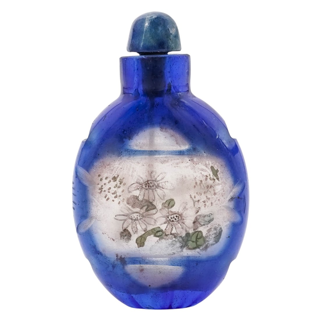 Chinese Reverse Painted Peking Glass Floral Snuff Bottle: Chinese Reverse Painted Peking Glass Floral Snuff BottleEarly- mid 20th century, ChineseChinese frosted glass snuff bottle overlaid with cobalt blue accents, featuring reverse-painted floral images. I