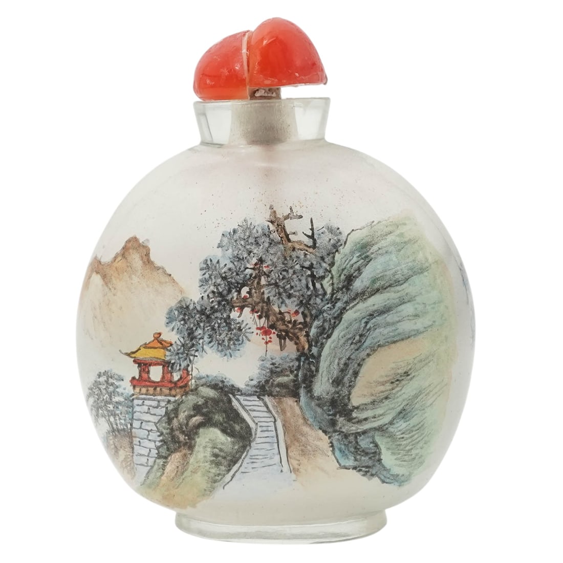 Chinese Reverse Painted Mountain Glass Snuff Bottle: Chinese Reverse Painted Mountain Glass Snuff BottleMid- late 20th century, ChineseChinese frosted glass snuff bottle featuring reverse-painted highly detailed landscape images. It includes the origina