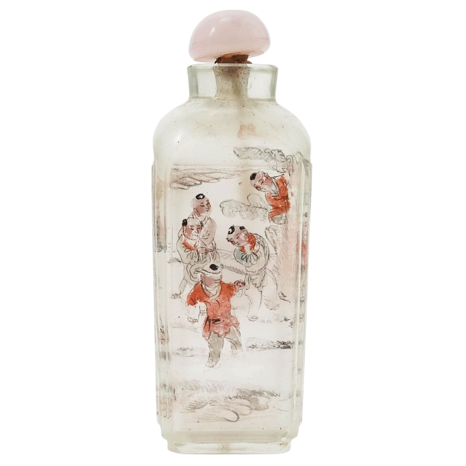 Antique Chinese Reverse Painted Glass Snuff Bottle: Antique Chinese Reverse Painted Glass Snuff BottleEarly 20th century, ChineseAntique Chinese frosted glass snuff bottle reverse-painted with images of people adults and children playing outdoors. It h