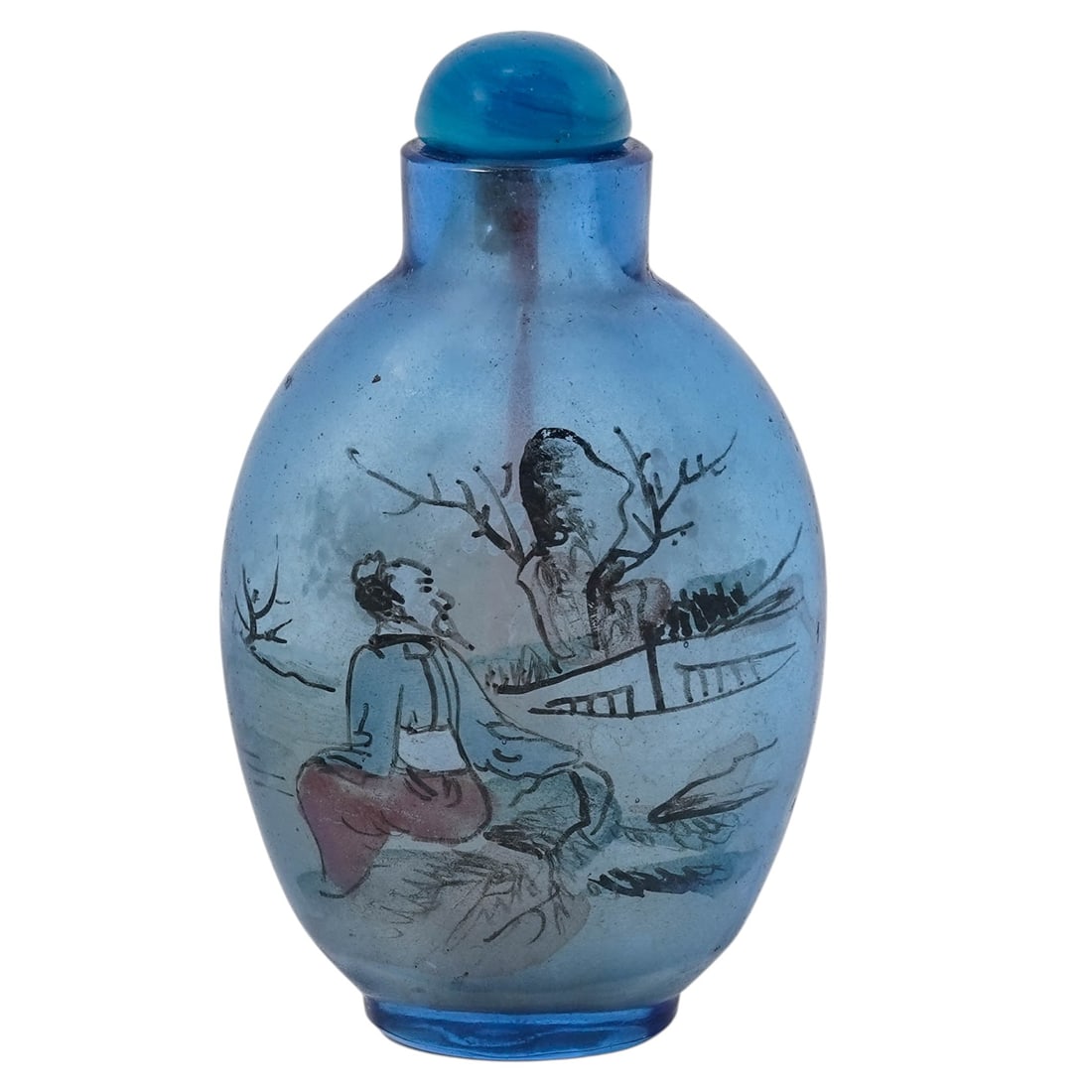 Chinese Reverse Painted Blue Glass Snuff Bottle: Chinese Reverse Painted Blue Glass Snuff Bottle20th Century, China.Chinese reverse painted cobalt blue hued glass snuff bottle depicting a landscape with figures. Includes snuff bottle stopper.H: 2 7/
