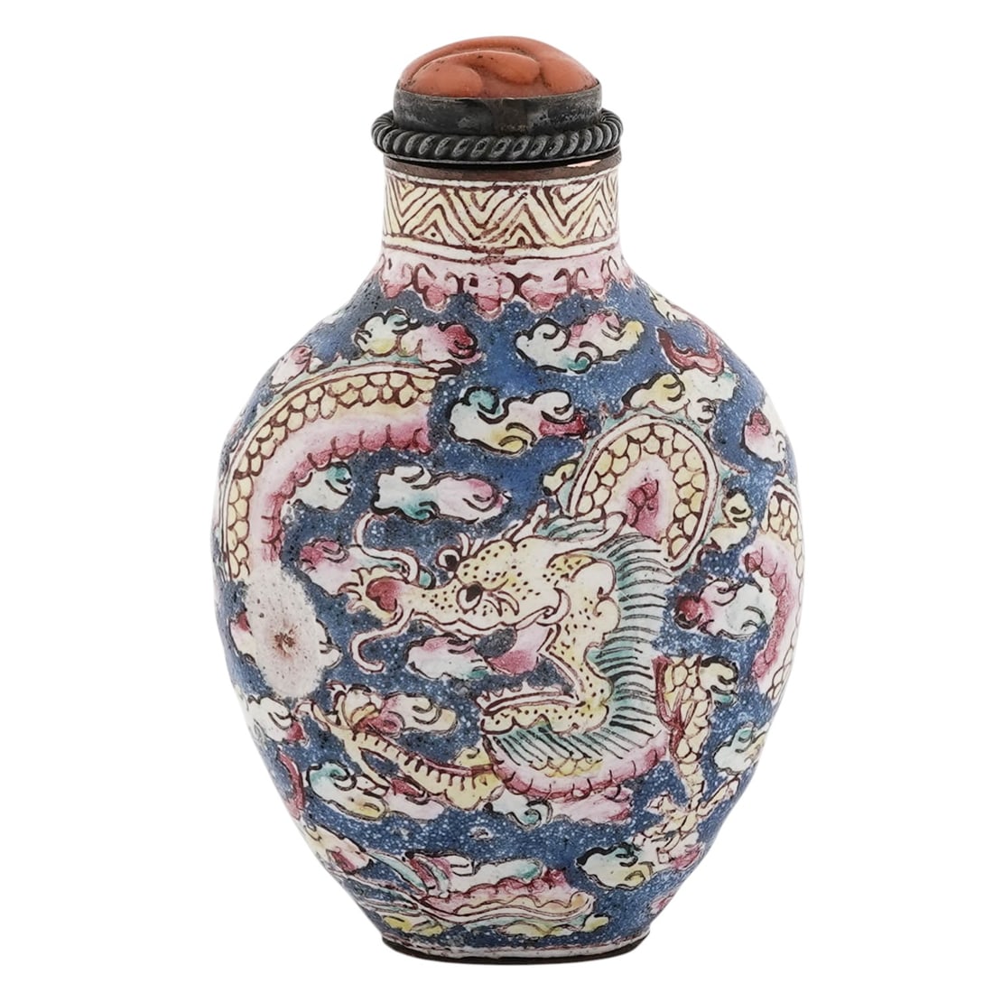 Antique 19th Cent. Chinese Enamel Snuff Bottle: Antique 19th Cent. Chinese Enamel Snuff Bottle19th Century, China.Antique 19th century Chinese enamel porcelain snuff bottle with red coral stopper, decorated with painted dragon motif amongst clouds.