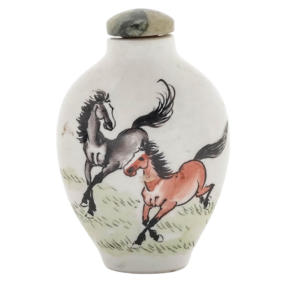 Chinese Porcelain Painted Horses Snuff Bottle: Chinese Porcelain Painted Horses Snuff Bottle20th Century, China.Chinese porcelain snuff bottle featuring polychrome hand-painted scenes of horses. With red calligraphy signature on underside.H: 2 1/2