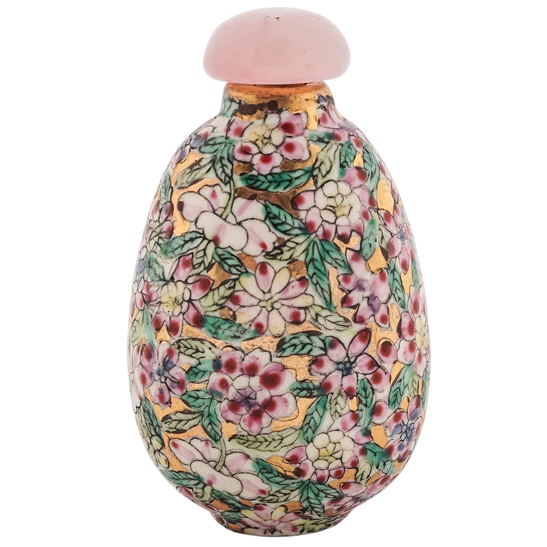 Chinese Famille Rose Mille Fleur Porcelain Floral Snuff Bottle: Chinese Famille Rose Mille Fleur Porcelain Floral Snuff Bottle20th Century, China.Chinese Famille Rose Mille Fleur porcelain enameled floral snuff bottle, further embellished with gilt accents. With t