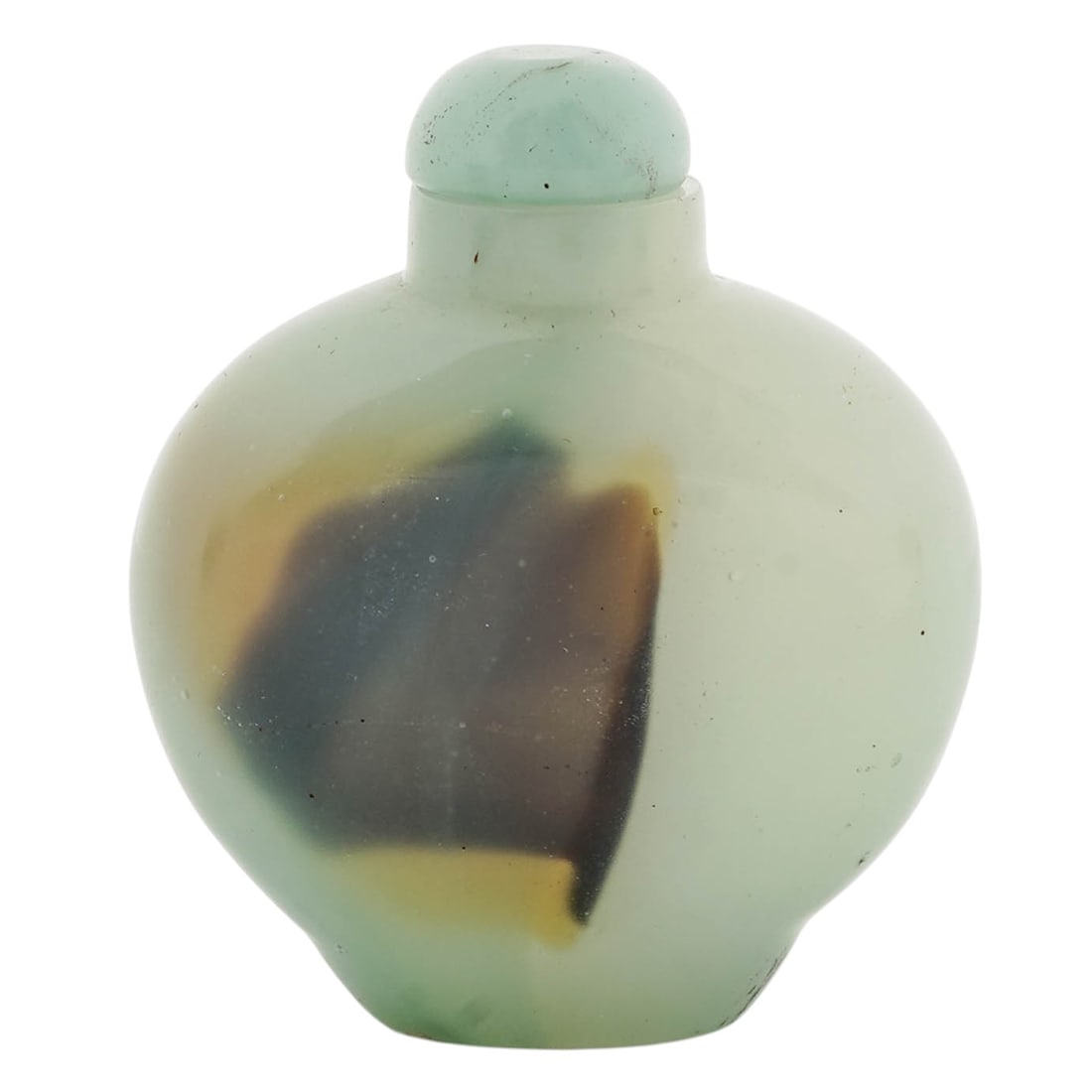 Chinese Carved Chalcedony Shadow Agate Snuff Bottle: Chinese Carved Chalcedony Shadow Agate Snuff Bottle20th Century, China.Chinese Carved Chalcedony Shadow Agate Snuff Bottle. In green color with a dark patch that is a natural inclusion within the ston