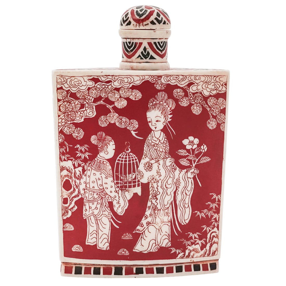 Chinese Qing Dynasty Carved Bone & Lacquer Snuff Bottle: Chinese Qing Dynasty Carved Bone & Lacquer Snuff Bottle19th century, ChineseAntique Chinese carved bone snuff bottle intricately decorated with red and black lacquer. It features a scene with a woman