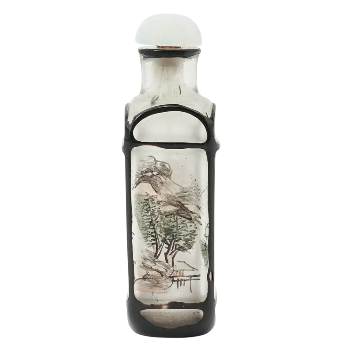 Chinese Reverse Painted Black Overlay Glass Snuff Bottle: Chinese Reverse Painted Black Overlay Glass Snuff BottleLate 19th- early 20th century, ChineseChinese Qing Dynasty frosted glass snuff bottle overlaid with black accents featuring reverse-painted natu