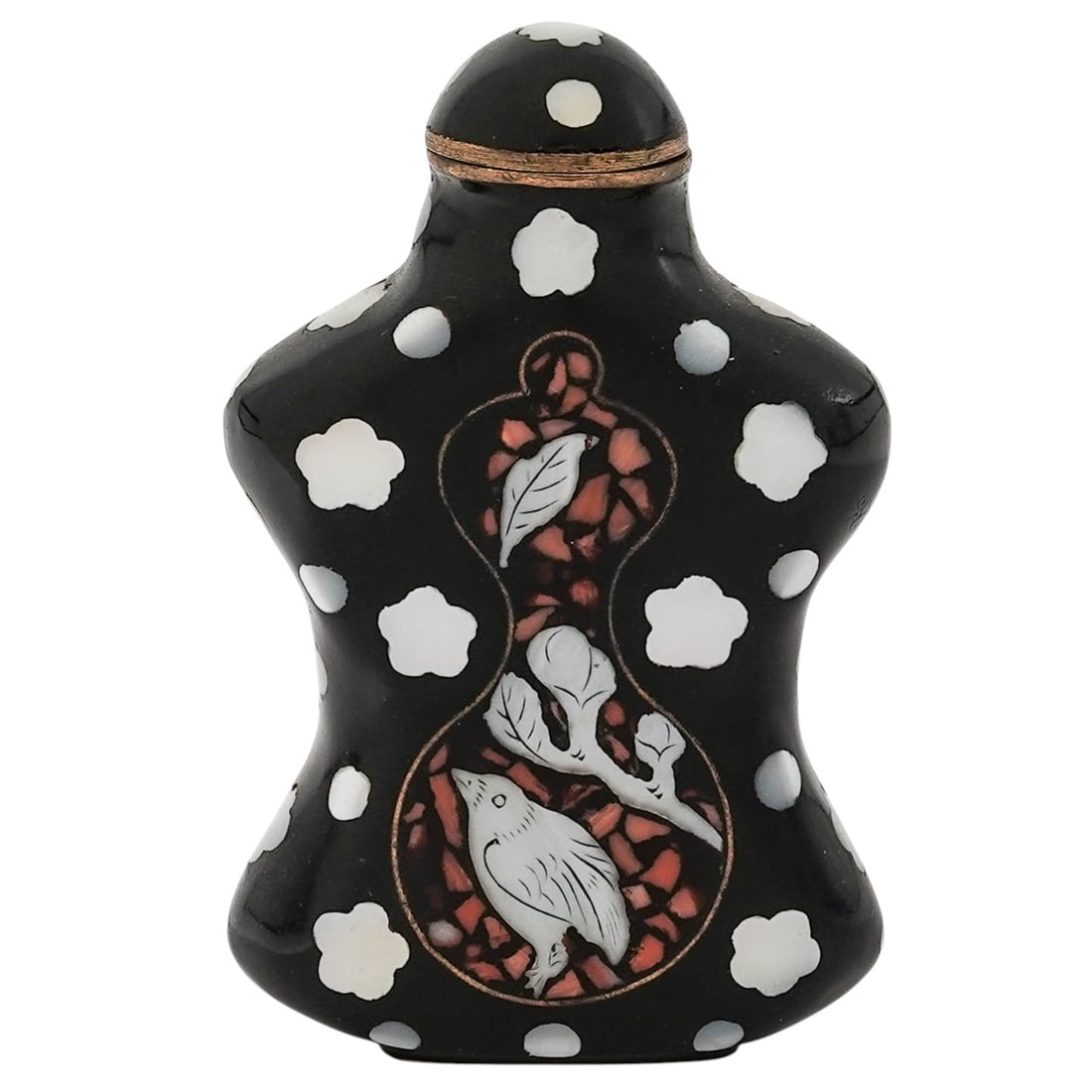 Chinese MOP Laque Burgaute Snuff Bottle: Chinese MOP Laque Burgaute Snuff Bottle20th Century, China.Chinese Mother-of-Pearl laque burgaute on black ground snuff bottle with bird and floral motifs.H: 2 3/4".