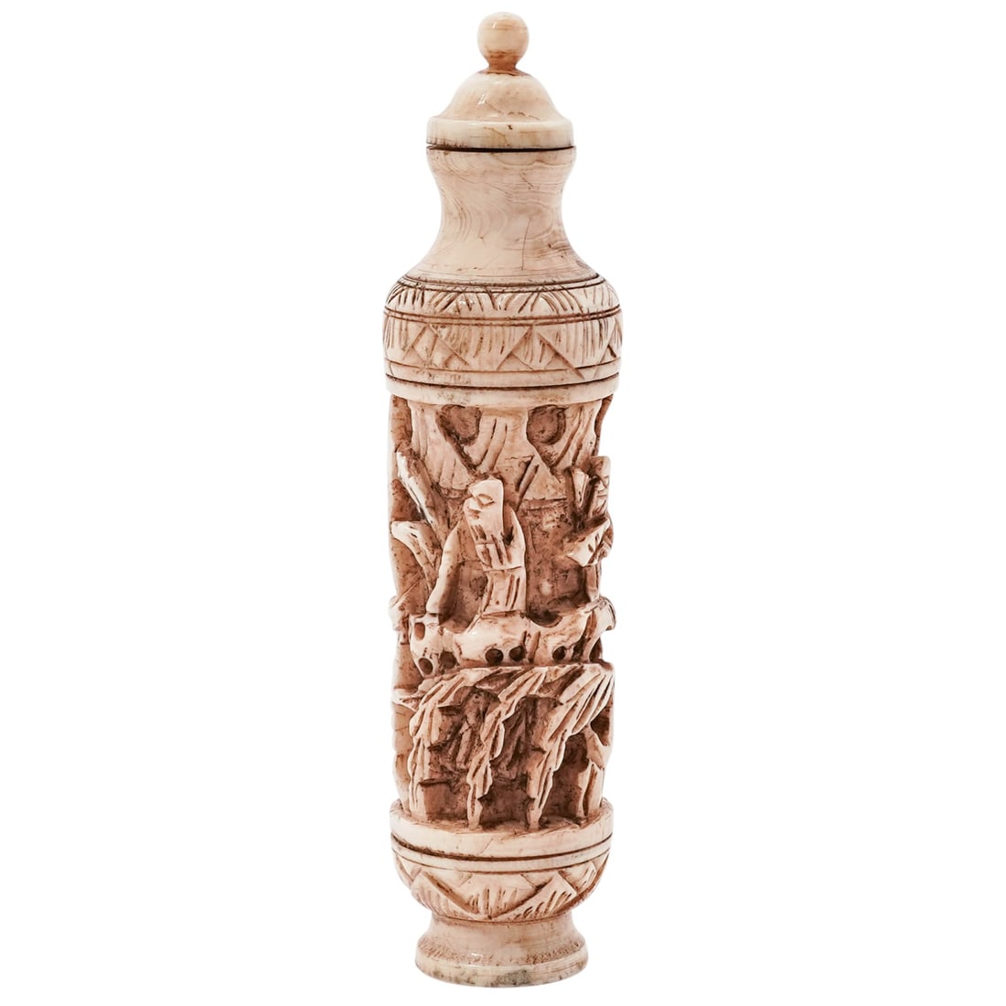 Carved Bone cylindrical snuff bottle: Carved Bone cylindrical snuff bottle19th century, ChineseCarved Bone cylindrical snuff bottle, a decorative container used to hold powdered tobacco.H. 3.5" x W. 0.75"