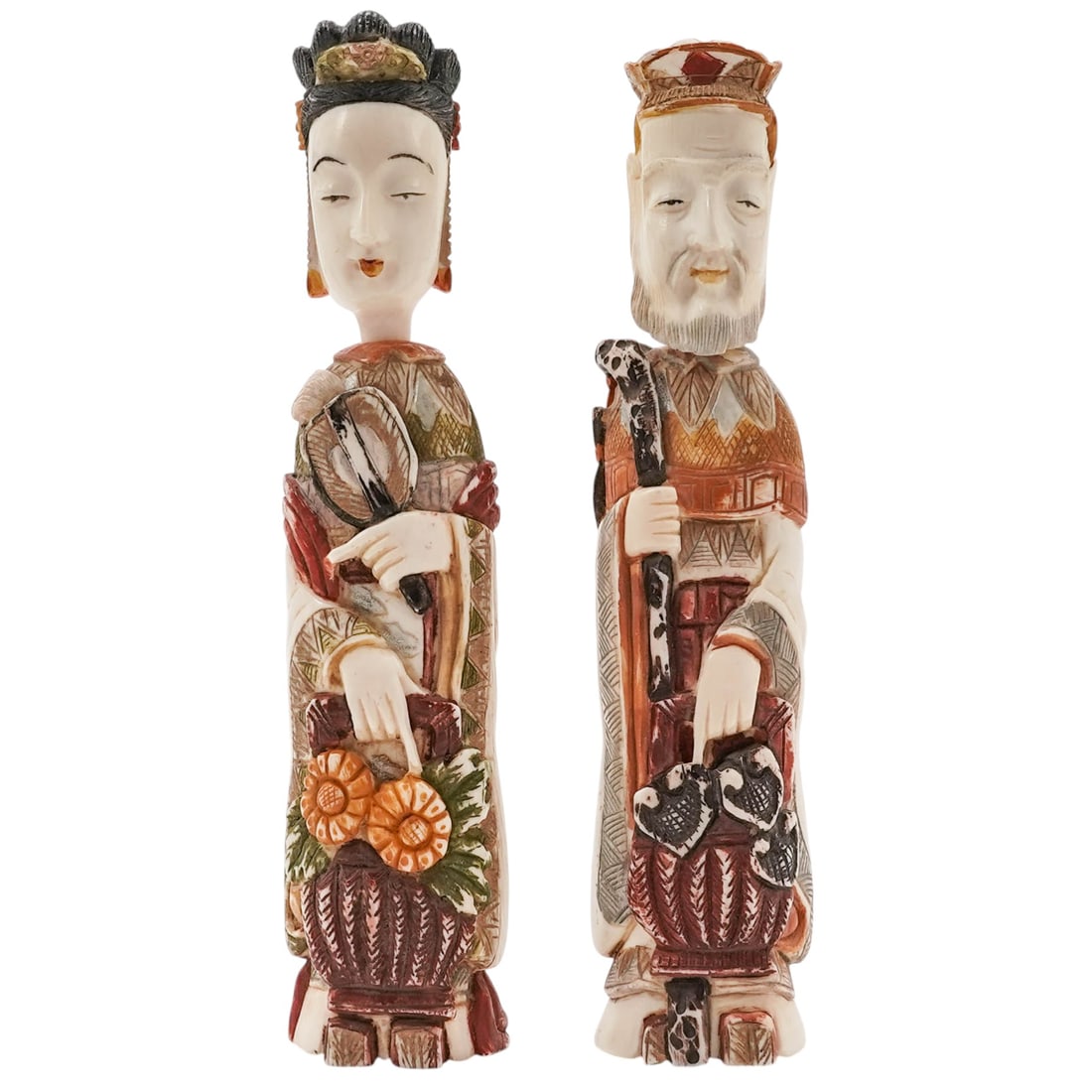(2 Pc) Chinese Figural Carved Bone Emperor & Empress Snuff Bottles: (2 Pc) Chinese Figural Carved Bone Emperor & Empress Snuff Bottles20th century, ChineseLarge carved bone emperor & empress snuff bottles are unique because the heads of the figures act as removable st