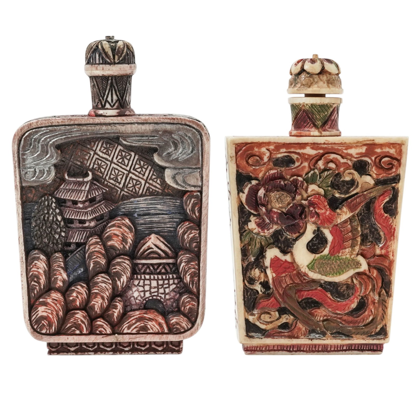 (2 Pc) Chinese Carved Bone Snuff Bottles: (2 Pc) Chinese Carved Bone Snuff Bottles19th century, ChineseThese items are Chinese carved bone snuff bottles, small decorative containers that were originally used in the 17th and 18th centuries to