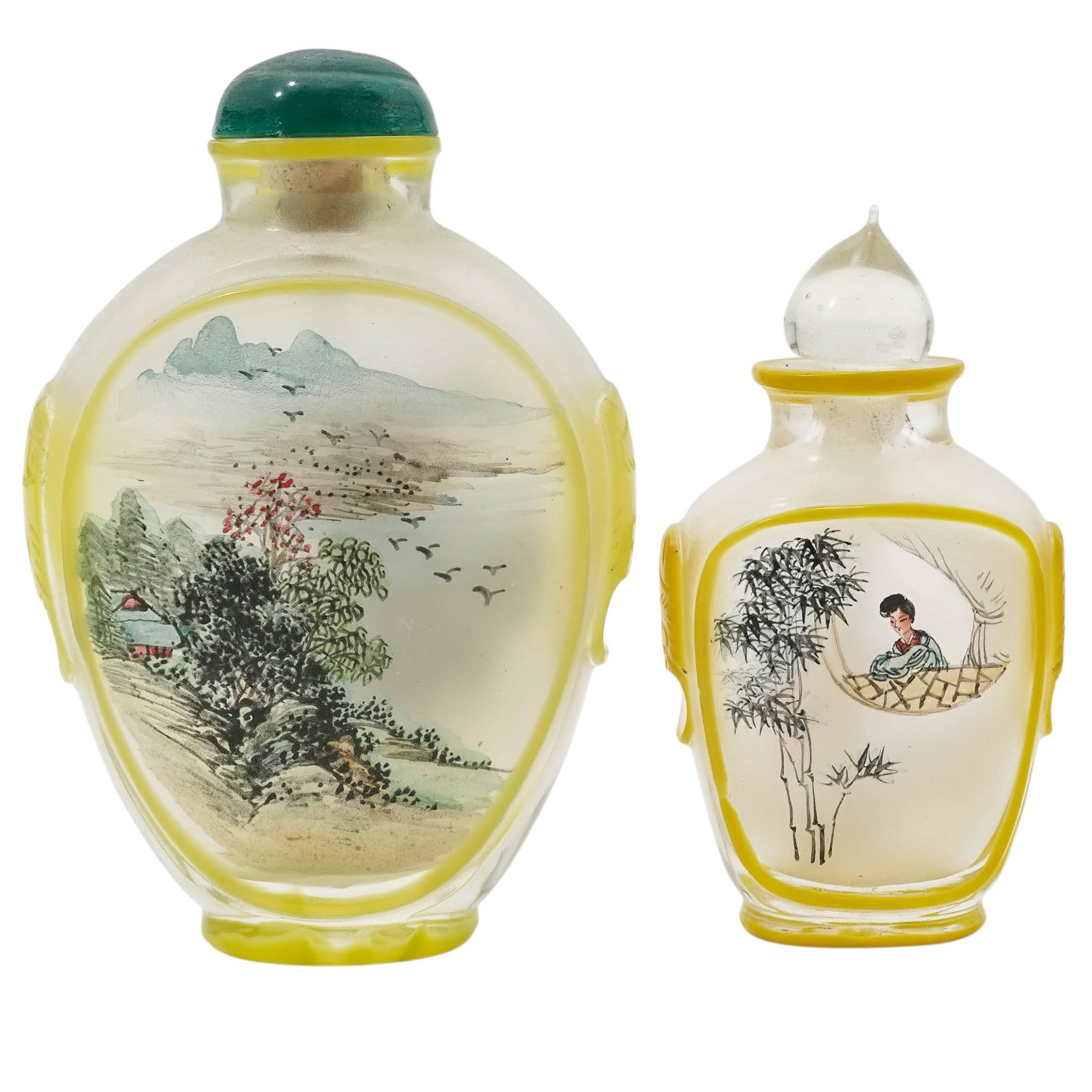 (2 Pc) Inside-Painted Yellow Peking Glass Snuff Bottles: (2 Pc) Inside-Painted Yellow Peking Glass Snuff Bottles20th century, ChineseInside-painted glass snuff bottles, a unique Chinese art form where the artist uses a tiny, curved brush to paint intricate