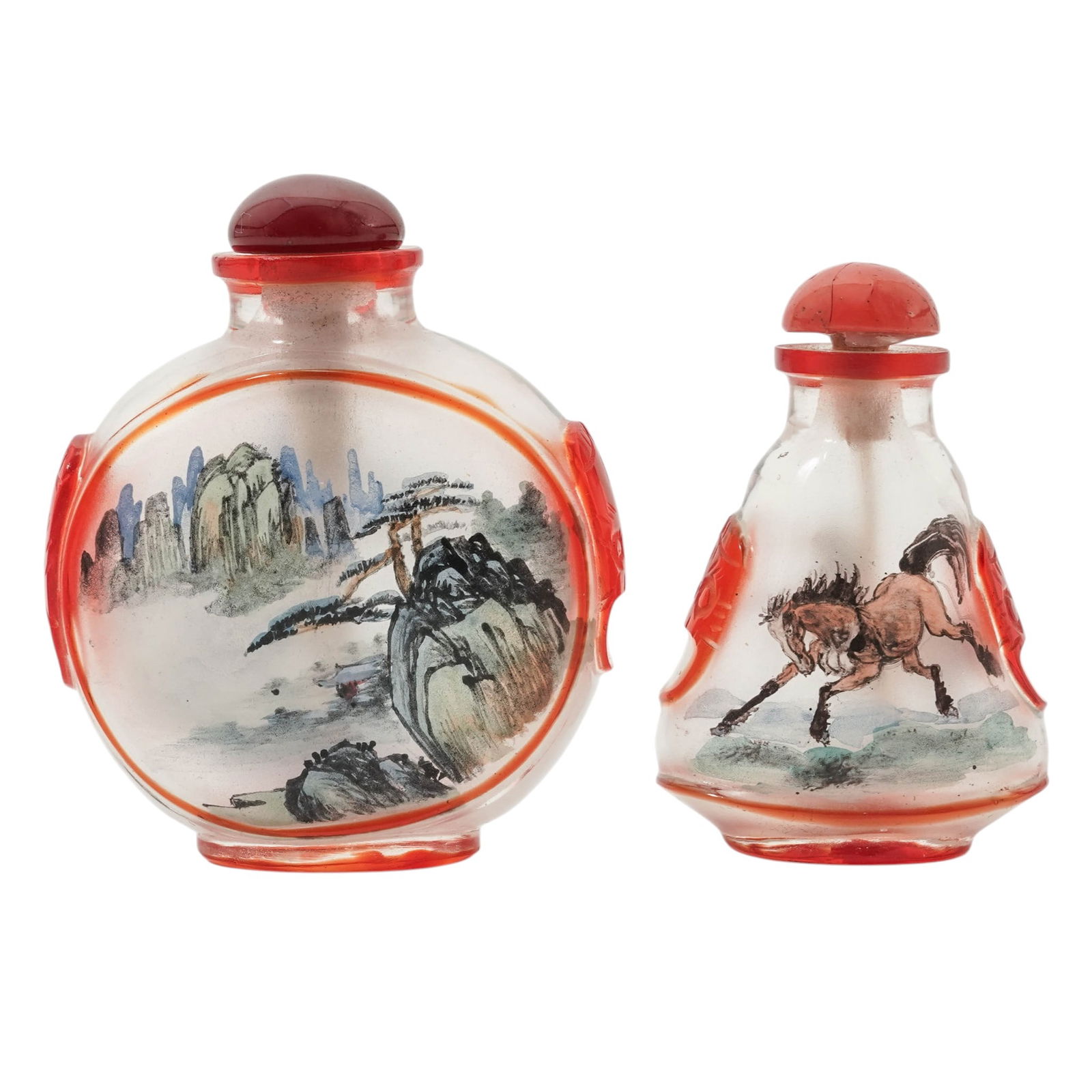 (2 pcs) Chinese Reverse Painted Red Peking Glass Snuff Bottles: (2 pcs) Chinese Reverse Painted Red Peking Glass Snuff Bottles20th century, ChineseChinese frosted glass snuff bottle overlaid with ruby red accents, featuring highly detailed reverse-painted landscap