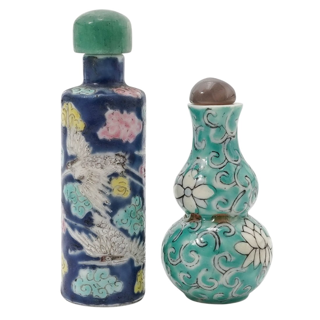 (2 Pc) Chinese Porcelain Double Gourd & Cylindrical Snuff Bottles: (2 Pc) Chinese Porcelain Double Gourd & Cylindrical Snuff Bottles20th century, ChinesePorcelain snuff bottles, highly decorative containers designed to hold powdered tobacco.Decorated with celadon gla