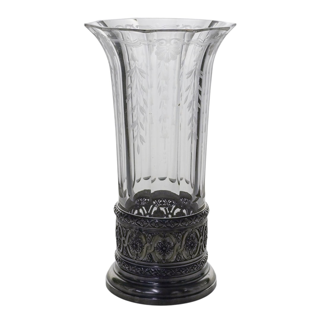 Theodore B. Starr Silver Plated Mounted & Etched Crystal Vase: Theodore B. Starr Silver Plated Mounted & Etched Crystal Vase1860s-1920s, FrenchThis trumpet-style vase by Theodore B. Starr, Inc. features a fine French crystal body with delicate hand-etched floral