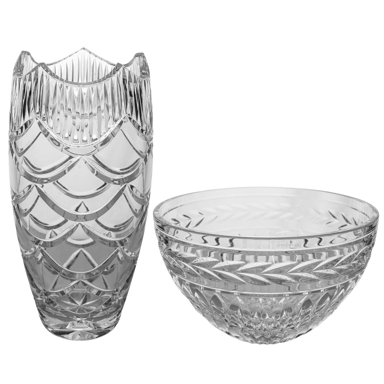 (2 pcs) Faberge Crystal "Momplasir", "Pine Cone" Bow & Vase: (2 pcs) Faberge Crystal "Momplasir", "Pine Cone" Bow & VaseLate 20th- early 21st century, SlovenianThis lot features two premier examples of modern luxury crystal from the House of Fabergé. The lot i