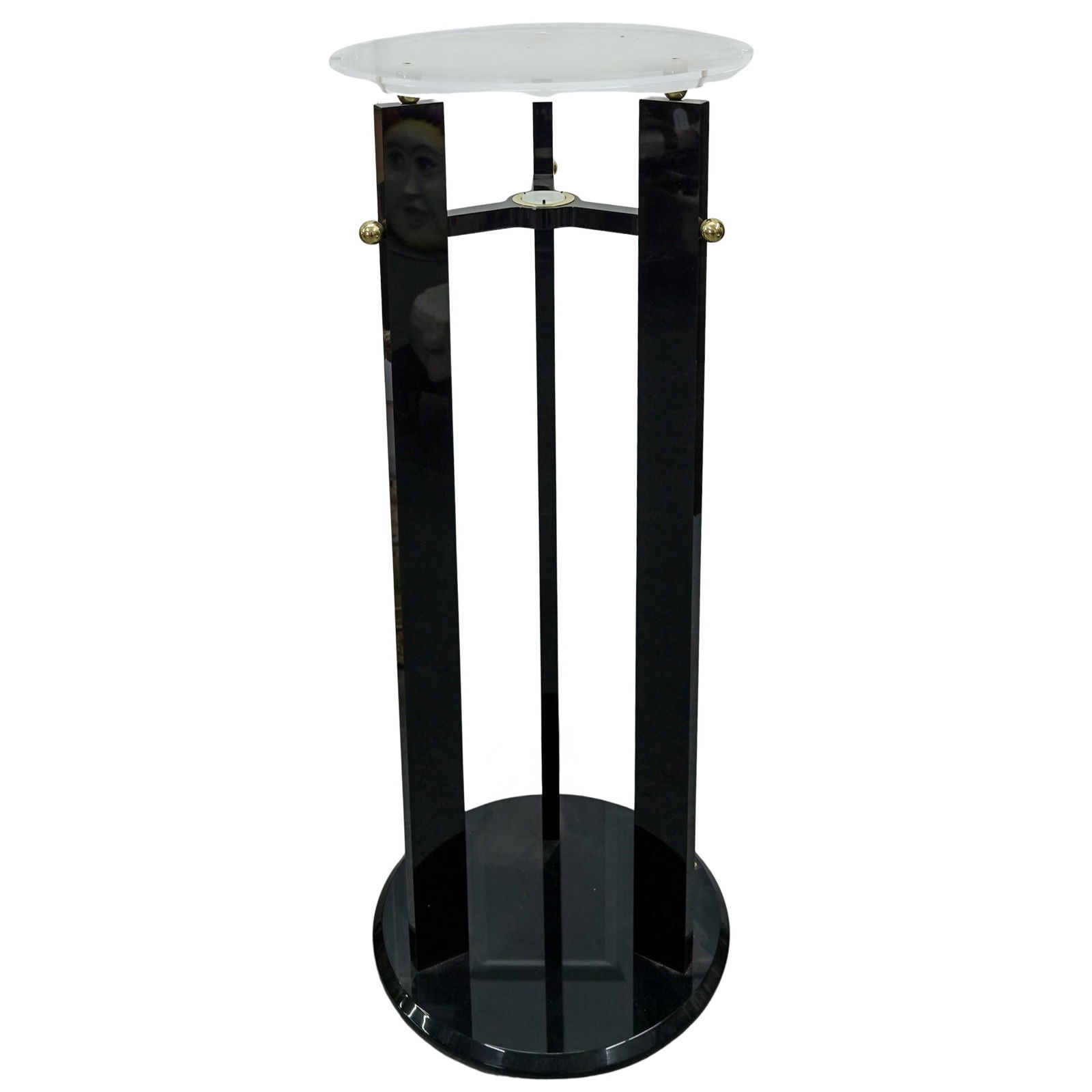 Shlomi Haziza Modernist Lighted Pedestal: Shlomi Haziza Modernist Lighted Pedestalcirca 1970s, AmericanShlomi Haziza modernist black and clear lucite lighted pedestal. Electrified.H 42.25" x Diameter (base) 16.75"
