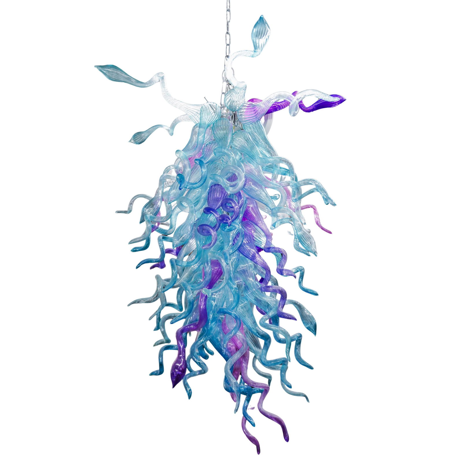Chihuly Style Studio Glass Chandelier: Chihuly Style Studio Glass Chandelier20th century, AmericanA studio glass chandelier in a blue toned color scheme in a Chihuly style. Electrified.H: 44" L: 32"