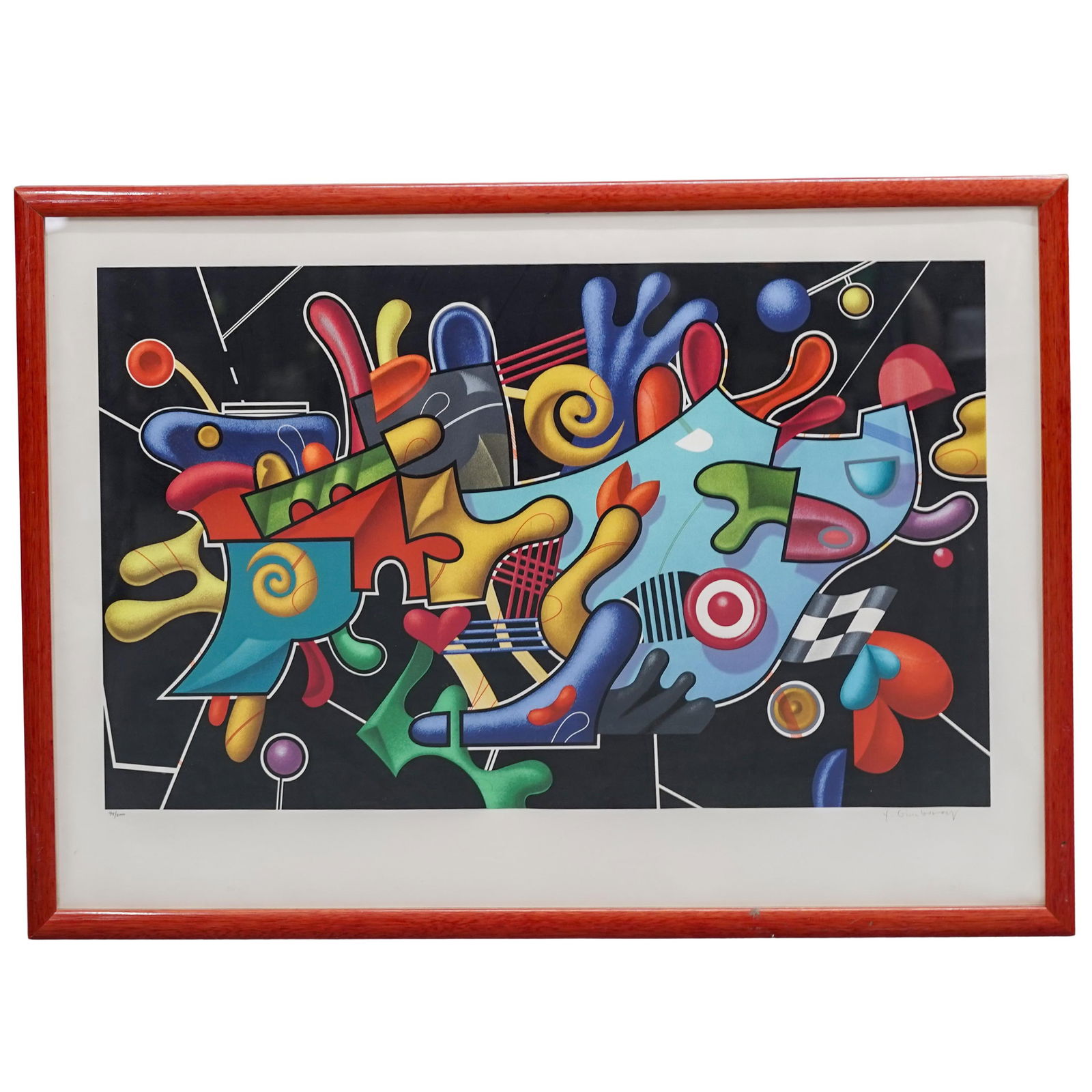Yankel Ginsburg (American/ Russian b. 1945) "Life in the Fast Lane" Serigraph: Yankel Ginsburg ( American/ Russian b. 1945) "Life in the Fast Lane" Serigraph1980s. USAAbstract large limited edition serigraph titled "Life in the fast lane" featuring vibrant colors, geometric shap