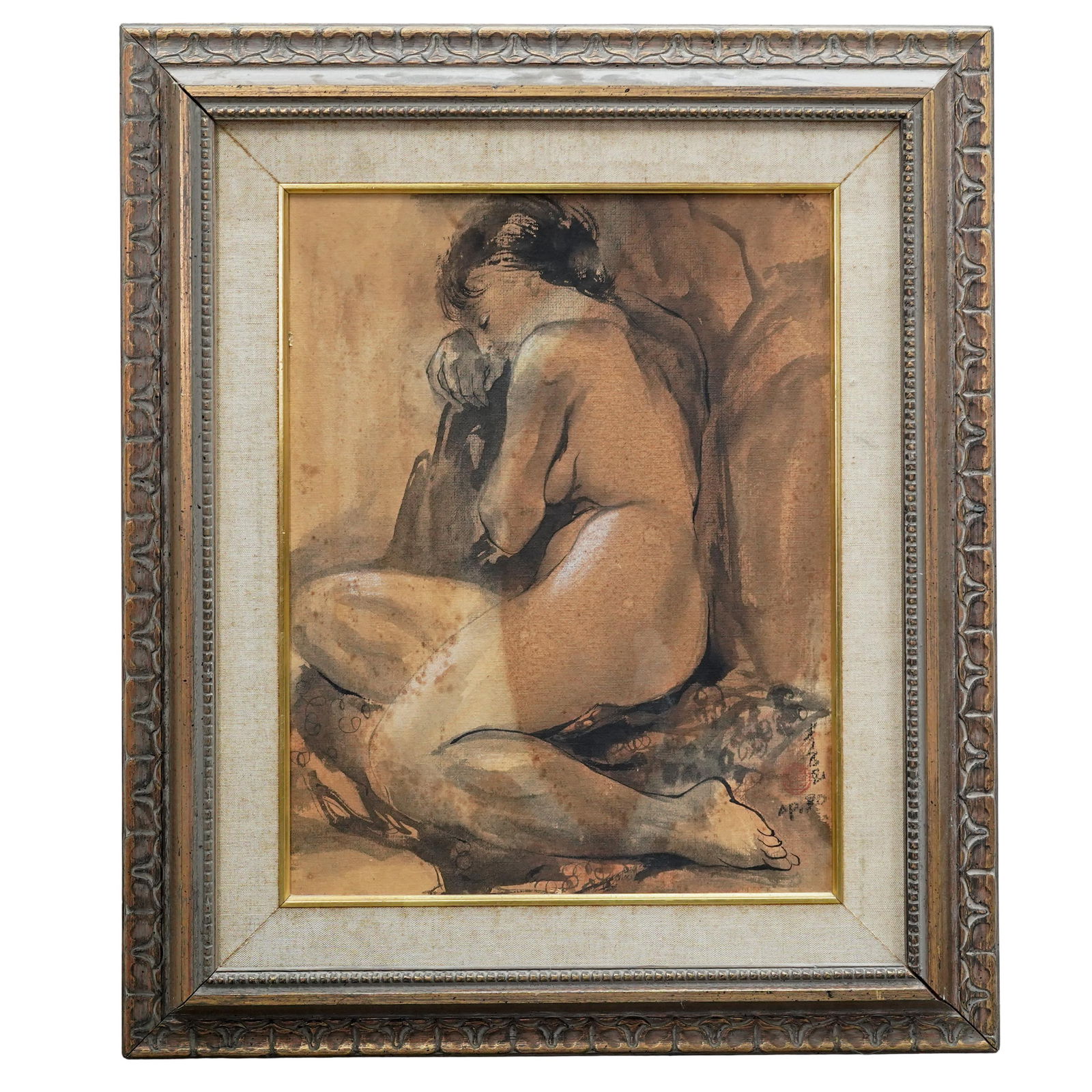 Nude Female Mixed Media on Board, Signed: Nude Female Mixed Media on Board, Signed1980, AsianNude female mixed media on board. Signed and dated AP 80 lower right corner.H. 26" x W. 22" including frame.