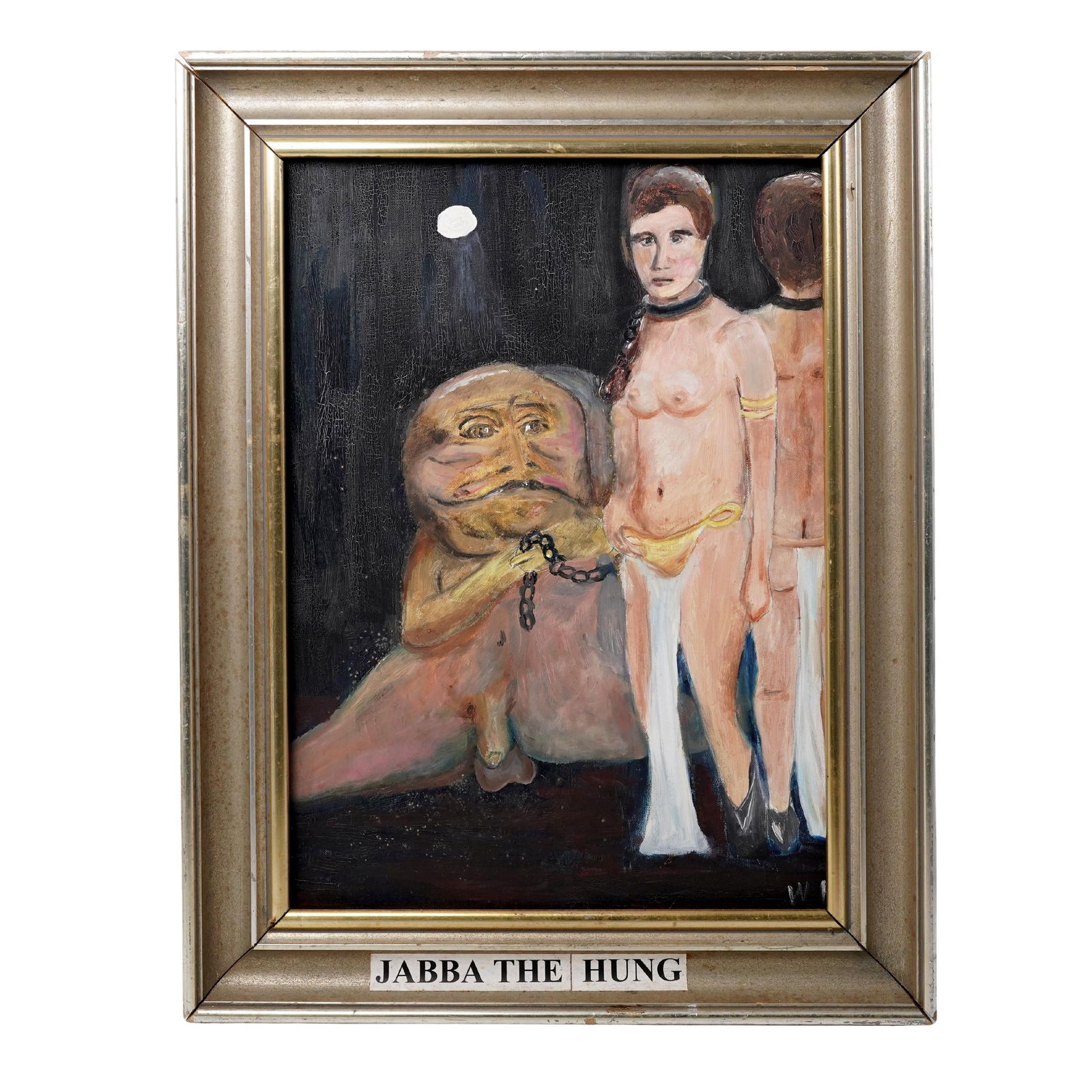 Oil on Canvas Painting "Jabba the Hung": Oil on Canvas Painting "Jabba the Hung"20th century, USAThe painting depicts a character resembling Jabba the Hutt, he is holding a chain attached to the neck of a figure resembling Princess Leia in h