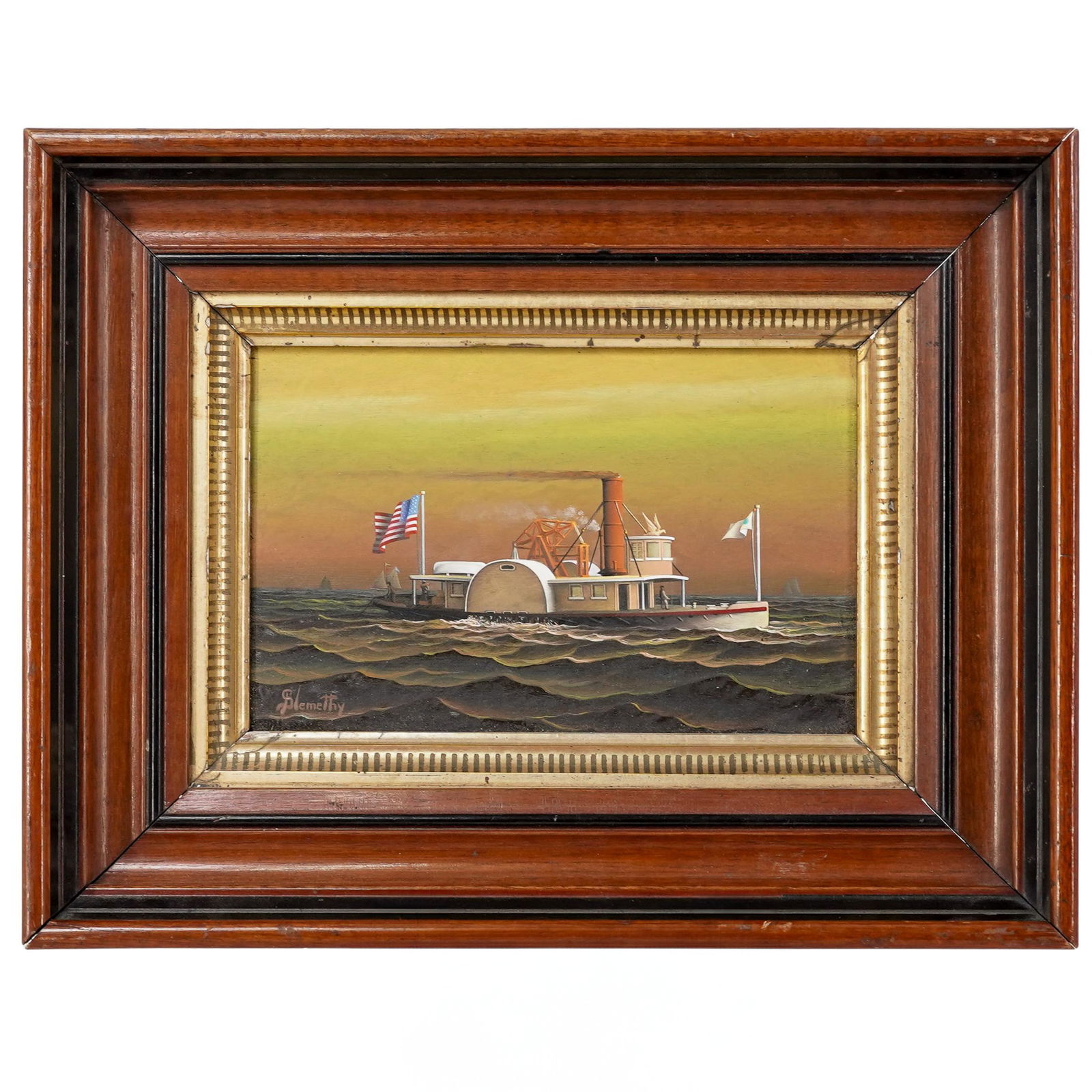 George Nemethy (American, b. 1952) Hudson River Side wheeler Steamboat Oil on Board: George Nemethy (American, b. 1952) Hudson River Side wheeler Steamboat Oil on Board1970s-80s, USAGeorge Nemethy a member of a prominent family of marine painters. He is known as a contemporary "miniat