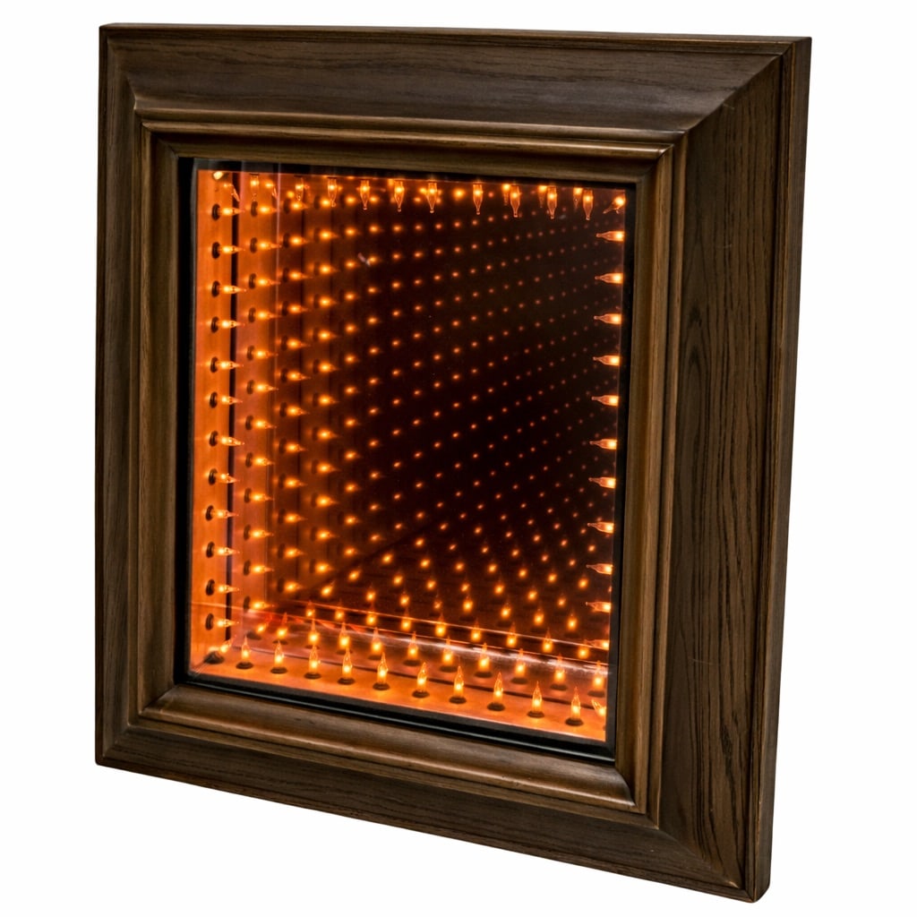 Electrified "Infinity" Mirror: Electrified "Infinity" MirrorMid to late 20th century, AmericanElectrified "Infinity" mirror. Wood frame. Marked on verso "manufactured by Infinity Mfg. Inc." with inspection seal reading "BM301043".