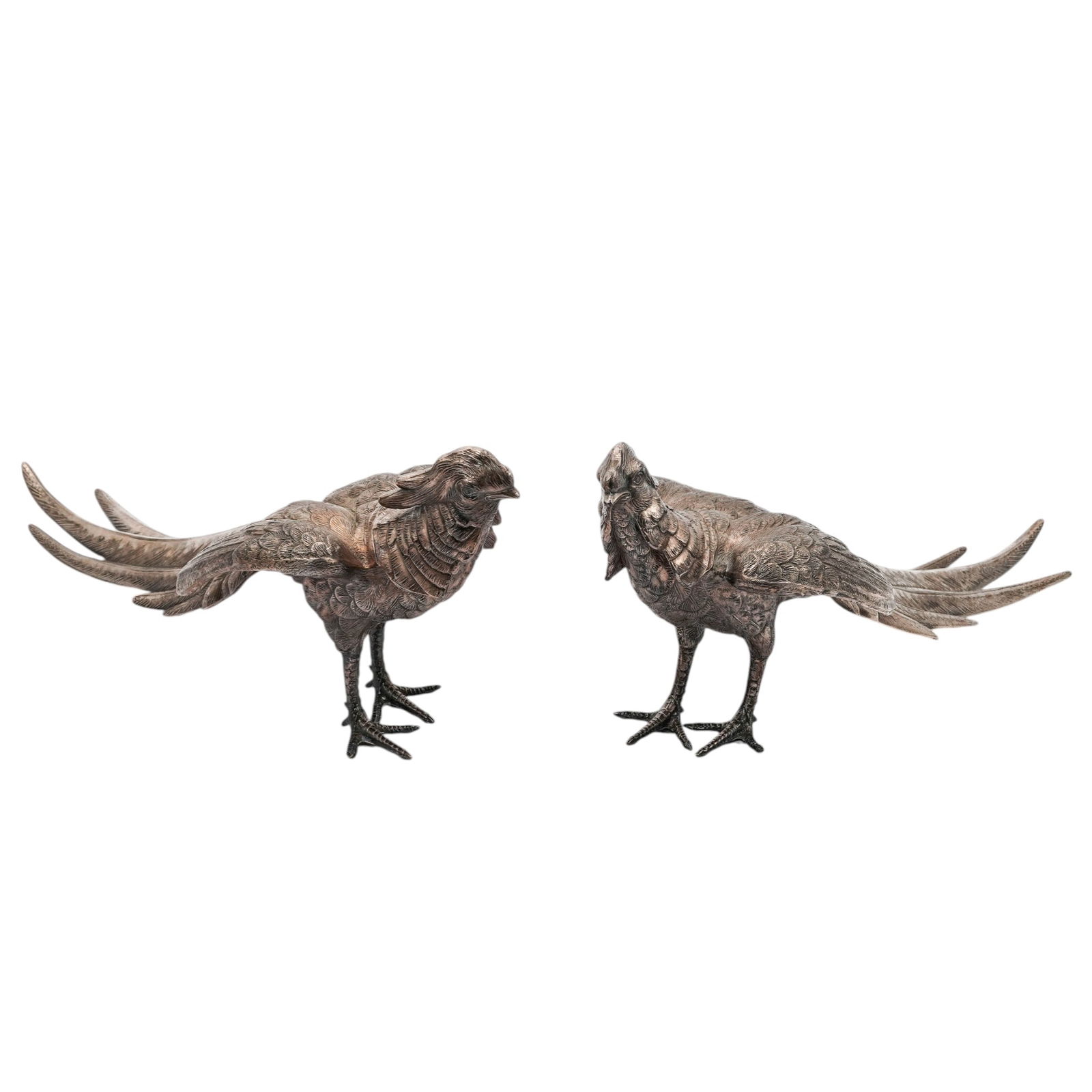 Pair Of Benedict-Proctor Silver Plated Pheasant Statues: Pair Of Benedict-Proctor Silver Plated Pheasant StatuesEarly 20th century, CanadianPair of antique highly detailed silver-plated bronze pheasant bird statues. Both bear the mark of Benedict-Proctor Ma
