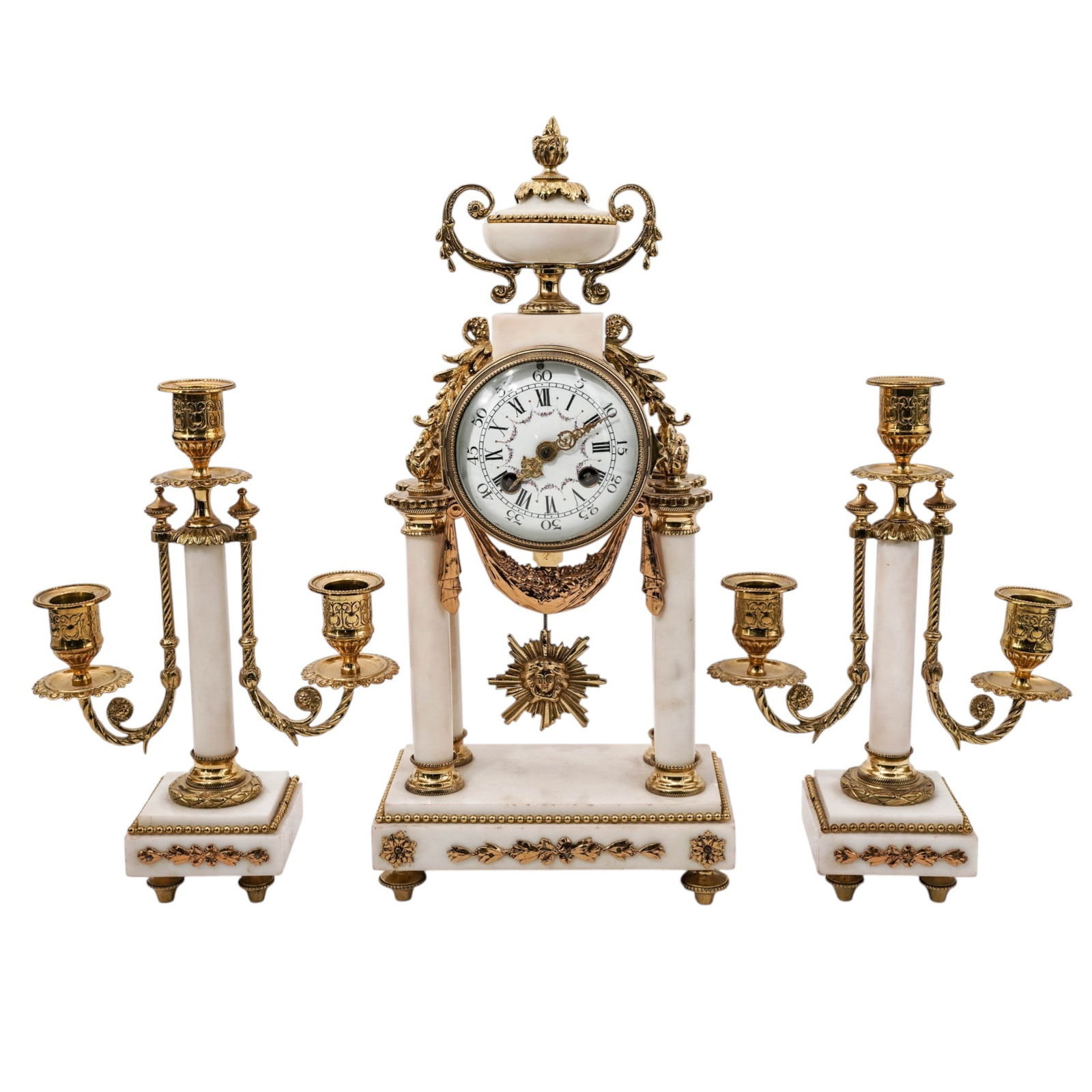 (3 pcs) Antique French Mantel Clock & Garniture Set: (3 pcs) Antique French Mantel Clock & Garniture Set19th century, FrenchAn antique French strike clock featuring white marble and a round case with a white face and black Roman numeral-marked dial. It