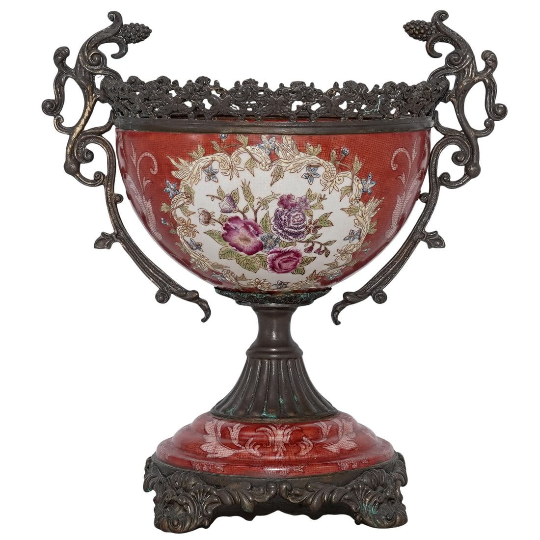 Art Nouveau Style Porcelain & Bronze Centerpiece Bowl Tazza: Art Nouveau Style Porcelain & Bronze Centerpiece Bowl Tazza20th century, ChineseThe bowl is mounted with ornate bronze hardware, including a filigree rim, scrolling handles, and heavy, decorative pede