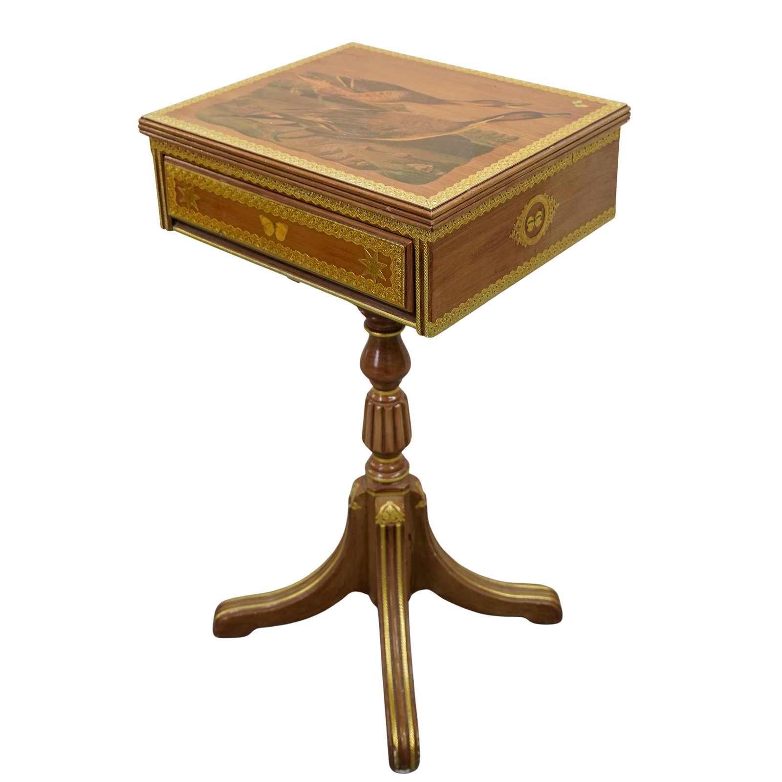 Vintage French Decoupage Duck Side Table: Vintage French Decoupage Duck Side TableEarly 20th century, FrenchA vintage French side table featuring gilt decoupage trims on legs, sides, and top border with a scenic motif of ducks on the table to