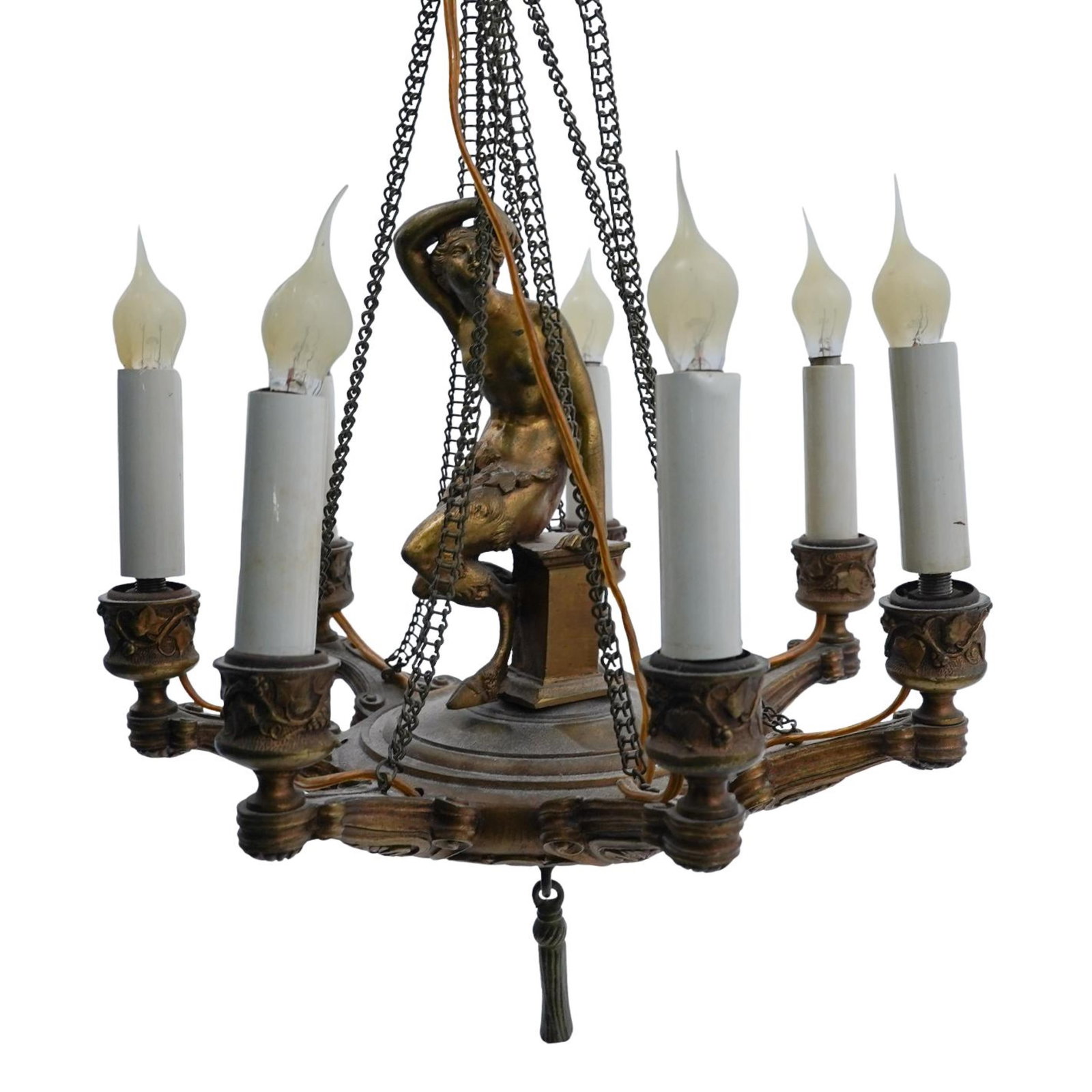 Antique French Bronze Ormolu Satyress 7-Light Chandelier: Antique French Bronze Ormolu Satyress 7-Light ChandelierLate 19th-early 20th century, FrenchA small antique French ormolu bronze 7-light chandelier with central figure of a satyress.A small antique Fr