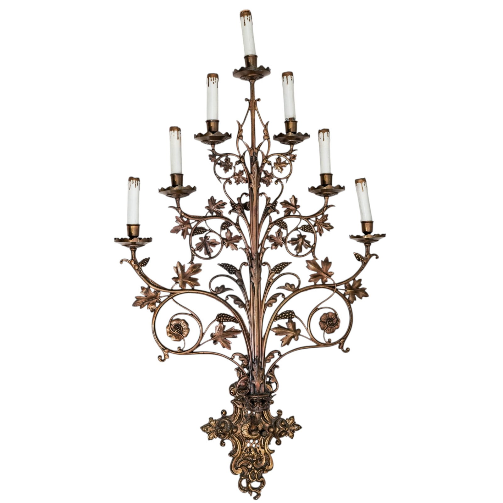 Vintage Gilt Bronze Seven Light Wall Sconce: Vintage Gilt Bronze Seven Light Wall Sconce20th century, ContinentalThis vintage, highly detailed Rococo Revival cast bronze piece features a scrolling foliate design with vine leaves, grape clusters,