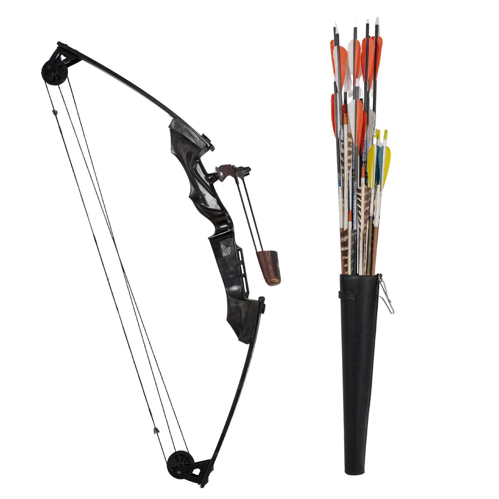 Indian Stalker Compound Bow & Quiver of Arrows: Indian Stalker Compound Bow & Quiver of ArrowsLate 20th century, AmericanVintage Indian Stalker compound bow with a 45-55lb draw weight, and 30" draw length. It has a mounted Bear Archery leathertop q