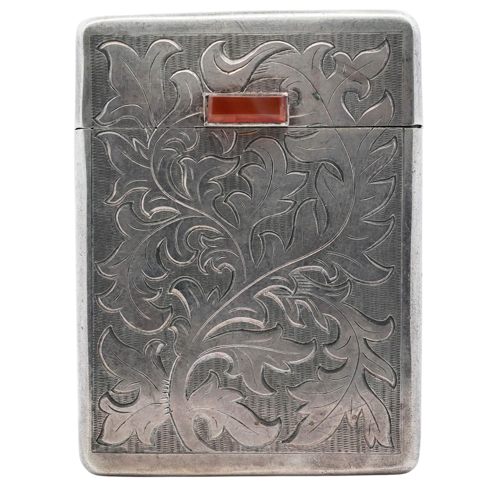 Vintage German 835 Silver Cigarette Case: Vintage German 835 Silver Cigarette CaseMid-20th century, GermanyRectangular silver cigarette case with hinged lid, decorated throughout with engraved foliate scrollwork against a finely textured grou