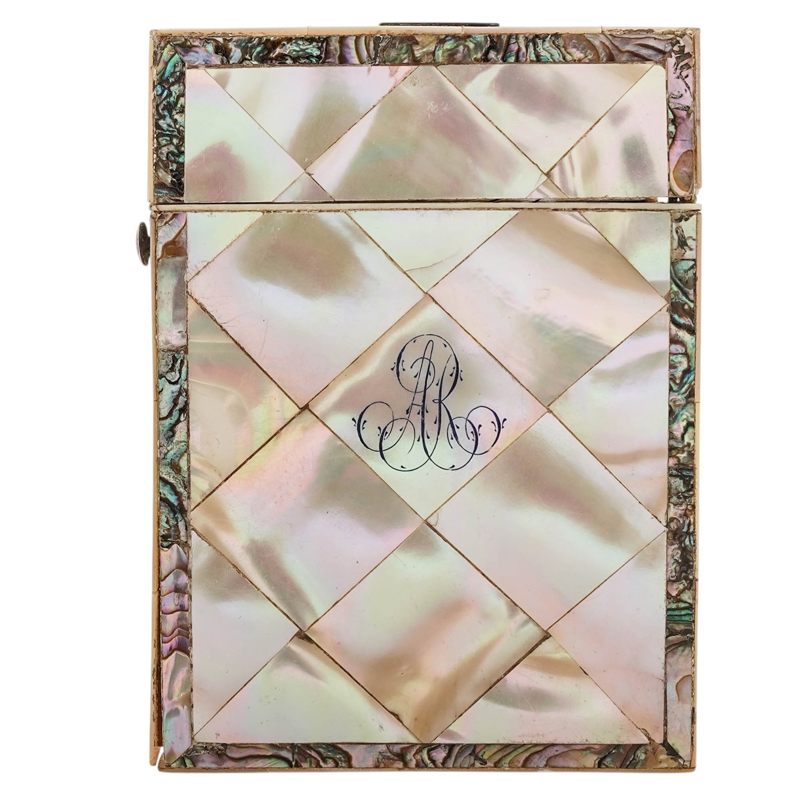 19th Cent. Victorian MOP & Abalone Card Case: 19th Cent. Victorian MOP & Abalone Card Case19th Century, ContinentalAntique 19th Century Victorian mother of pearl and abalone card case with hinged lid. Monogrammed "AR".H: 3 3/4" W: 2 3/4".